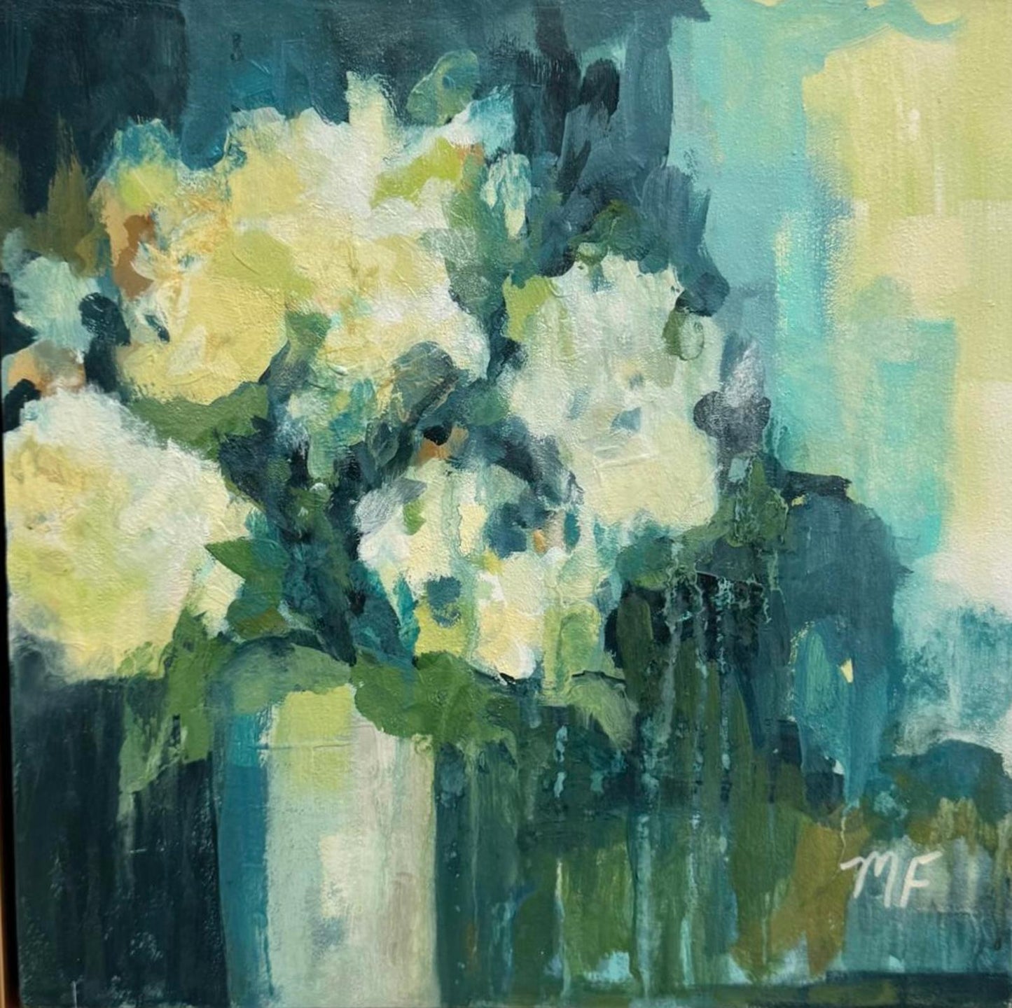 Original Painting by Mechelle Flowers "Verdant Whisper" Size 12x12 On Wood Panel Framed In A Gold Floater Frame