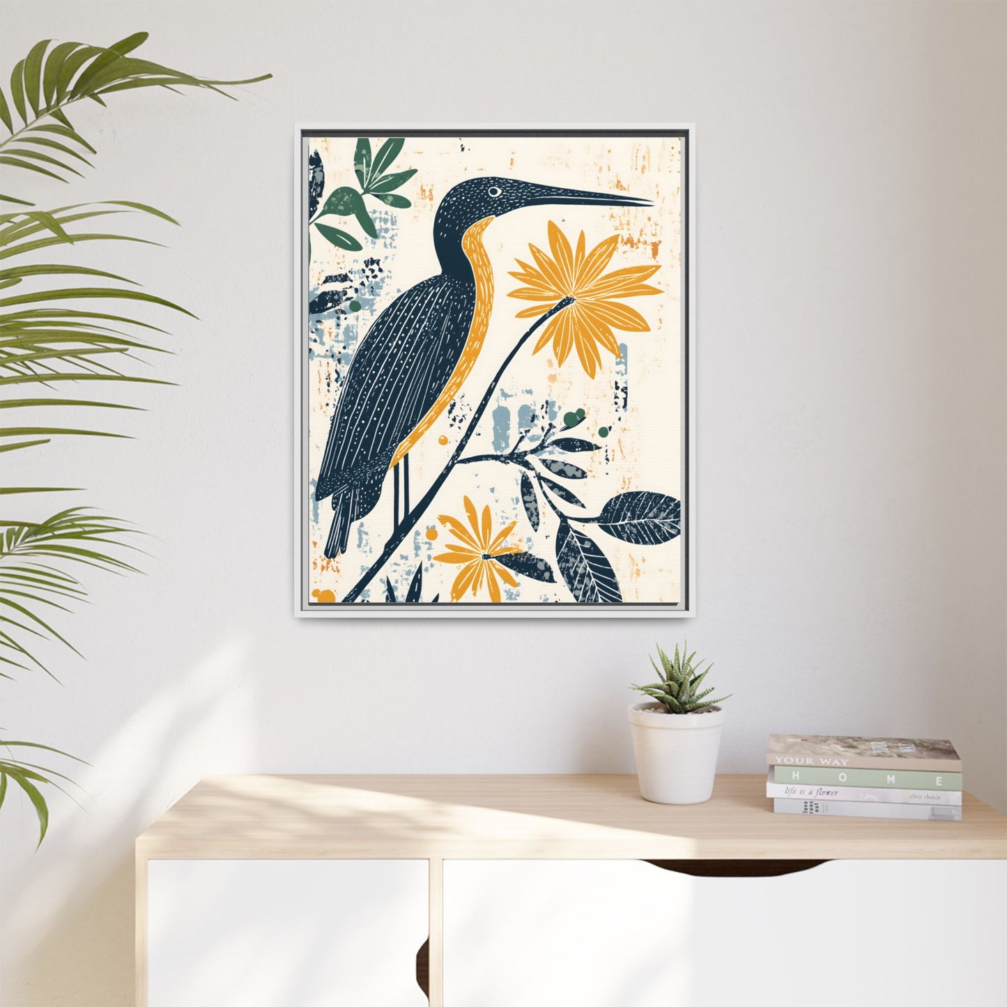 Colorful Bird and Flower Framed Matte Canvas Art