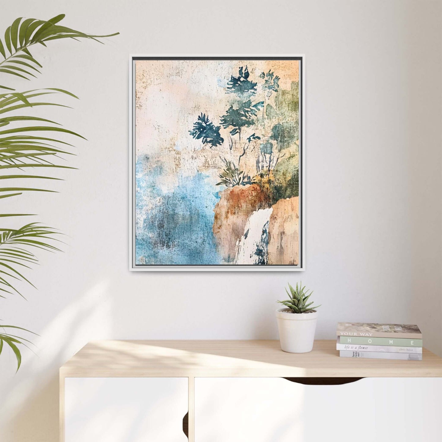 Framed watercolor canvas print of a serene misty forest landscape, perfect for elegant home decor, creating a calming atmosphere.