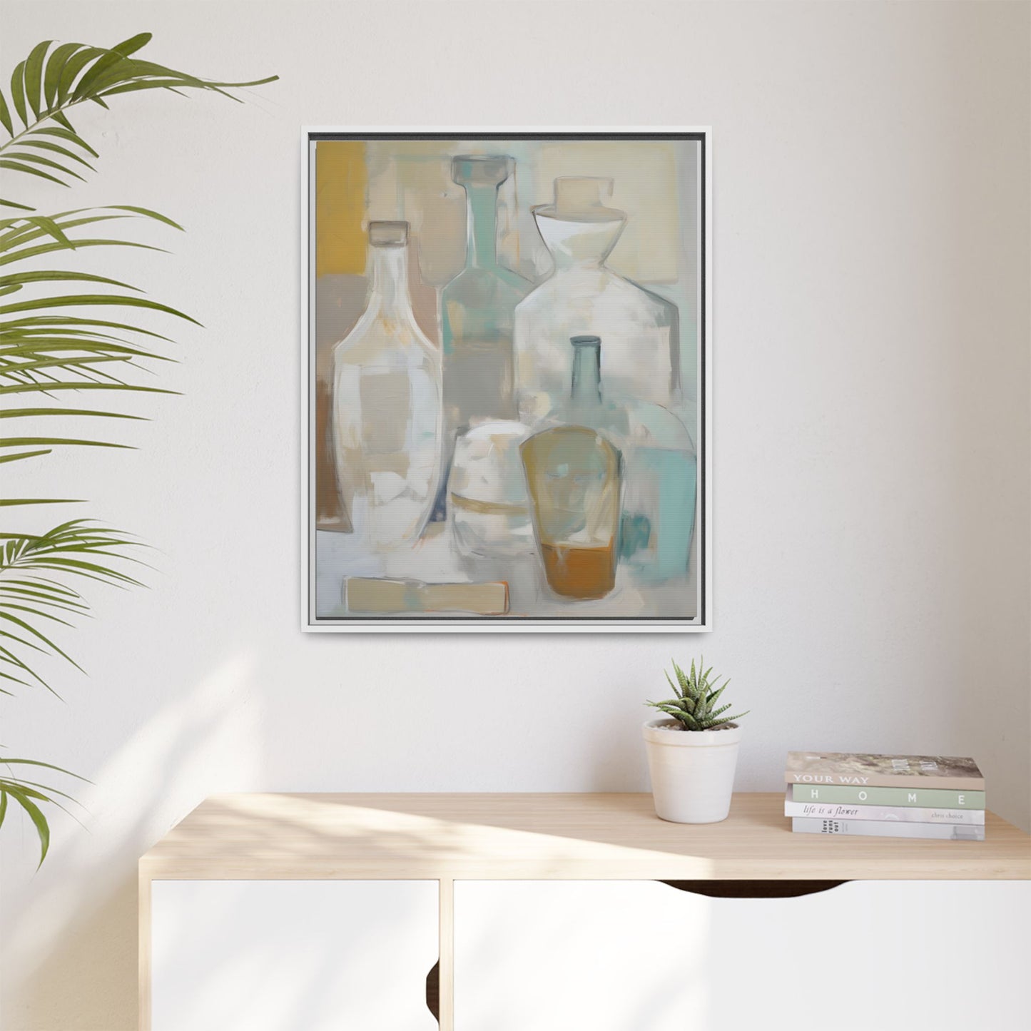 Modern Still Life Wall Art – Neutral Bottles Framed Canvas in Beige, Aqua & Amber, featuring elegant translucent bottle design.