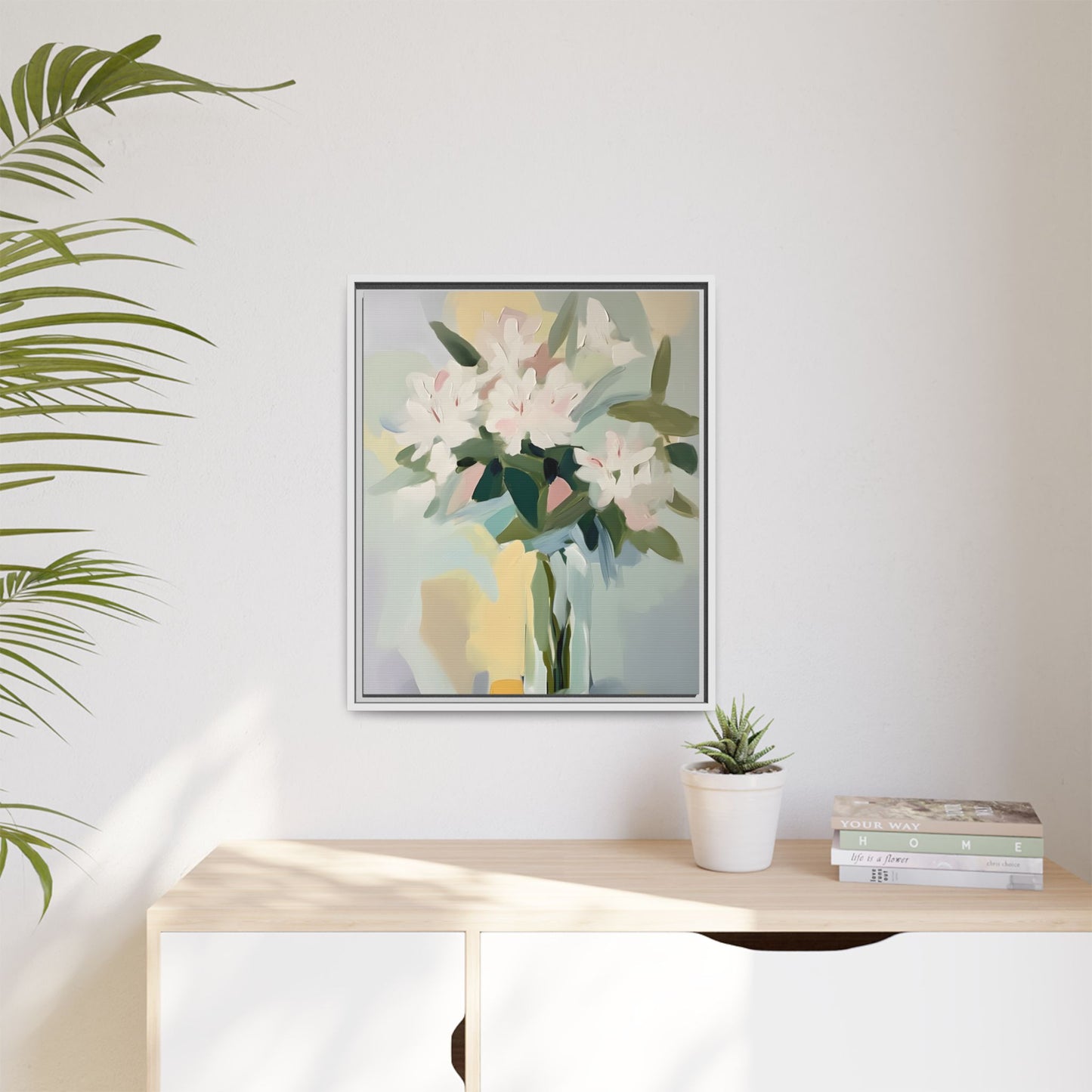 Soft Abstract Floral Wall Art – Framed Modern Canvas with White Flowers in Green Vase, ideal for modern or transitional spaces.