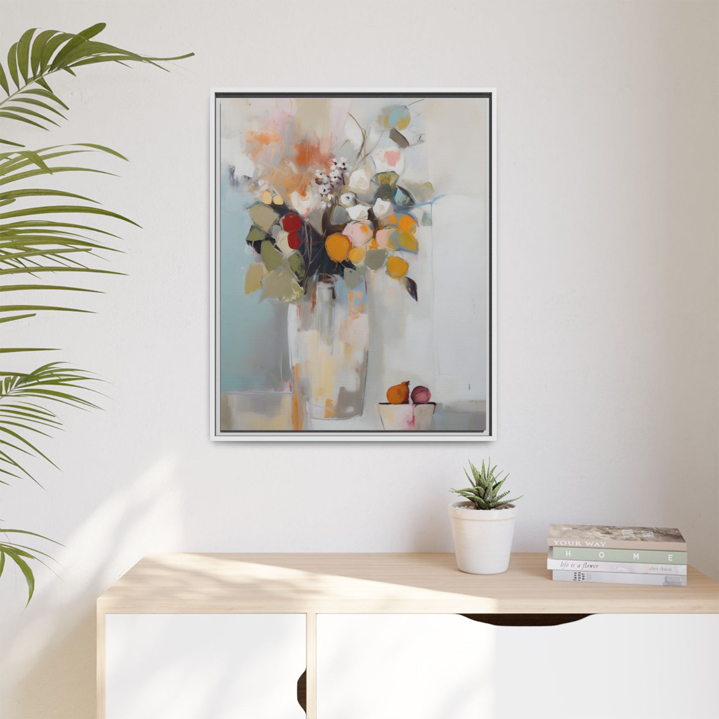 Colorful Floral Still Life Wall Art – Framed Abstract Canvas with Bright Blooms and Fruit Bowl on white wall