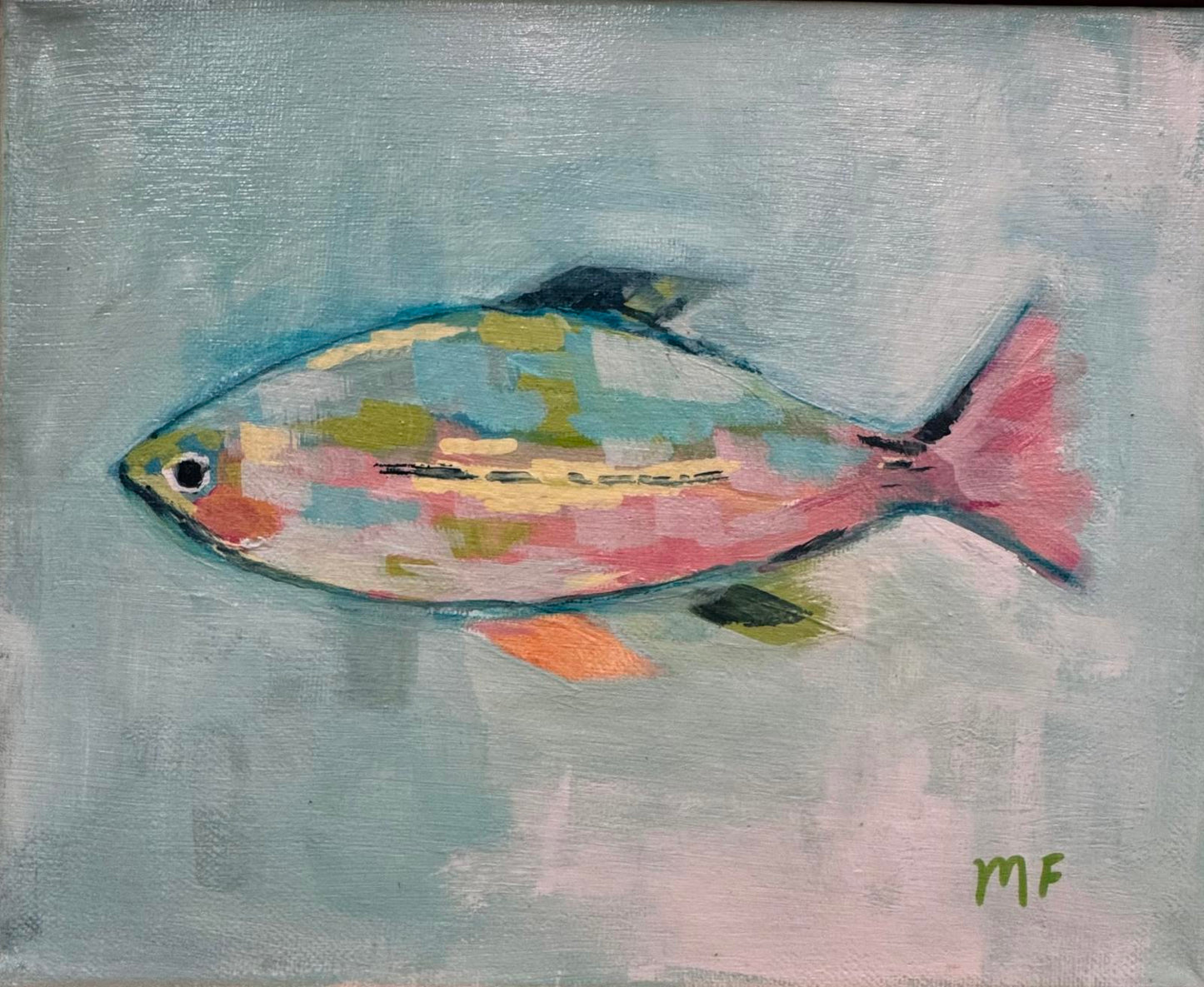 Original Painting by Mechelle Flowers — “Patchwork Current” 8x10 on Canvas Framed in Gold Floating Frame, featuring mosaic-style fish.