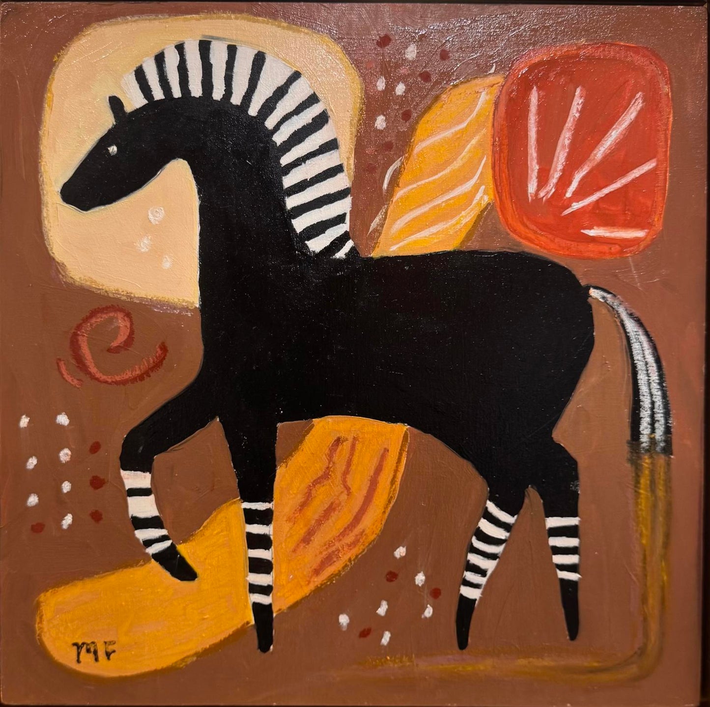 Black and white striped creature on a brown background