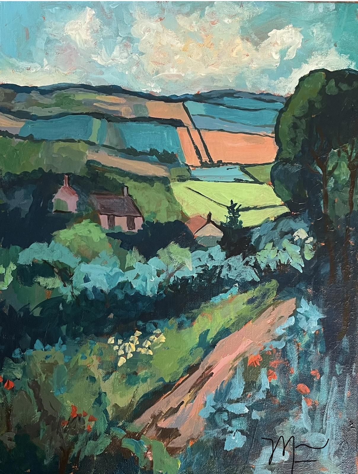 Original Painting by Mechelle Flowers "Emerald Valley Overlook" Size 12x16 On Canvas Framed In A Gold Floater Frame.