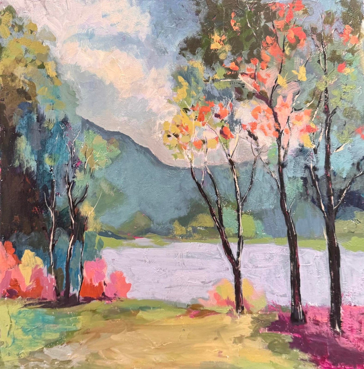 Colorful landscape painting with trees and a wall.