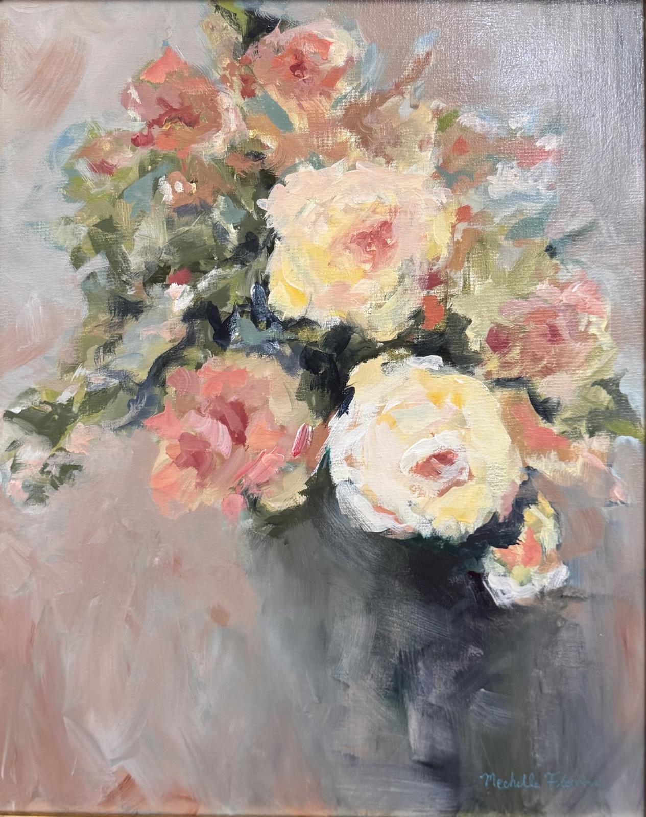 Painting of a bouquet of flowers in a vase with a soft, pastel color palette.
