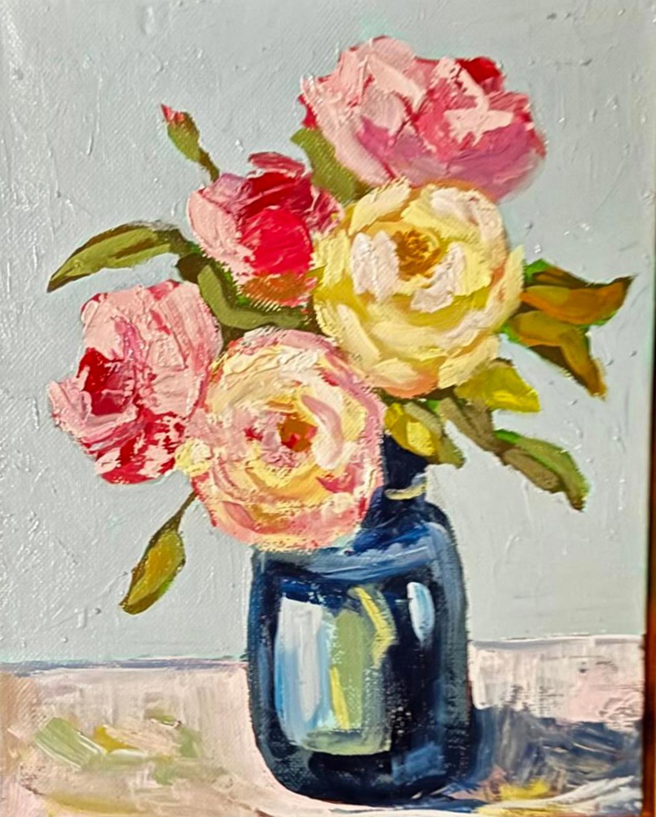 Original Painting by Mechelle Flowers "Blue Jar Bouquet" Size 8x10 On Canvas Framed In A Gold Floater, vibrant floral arrangement.