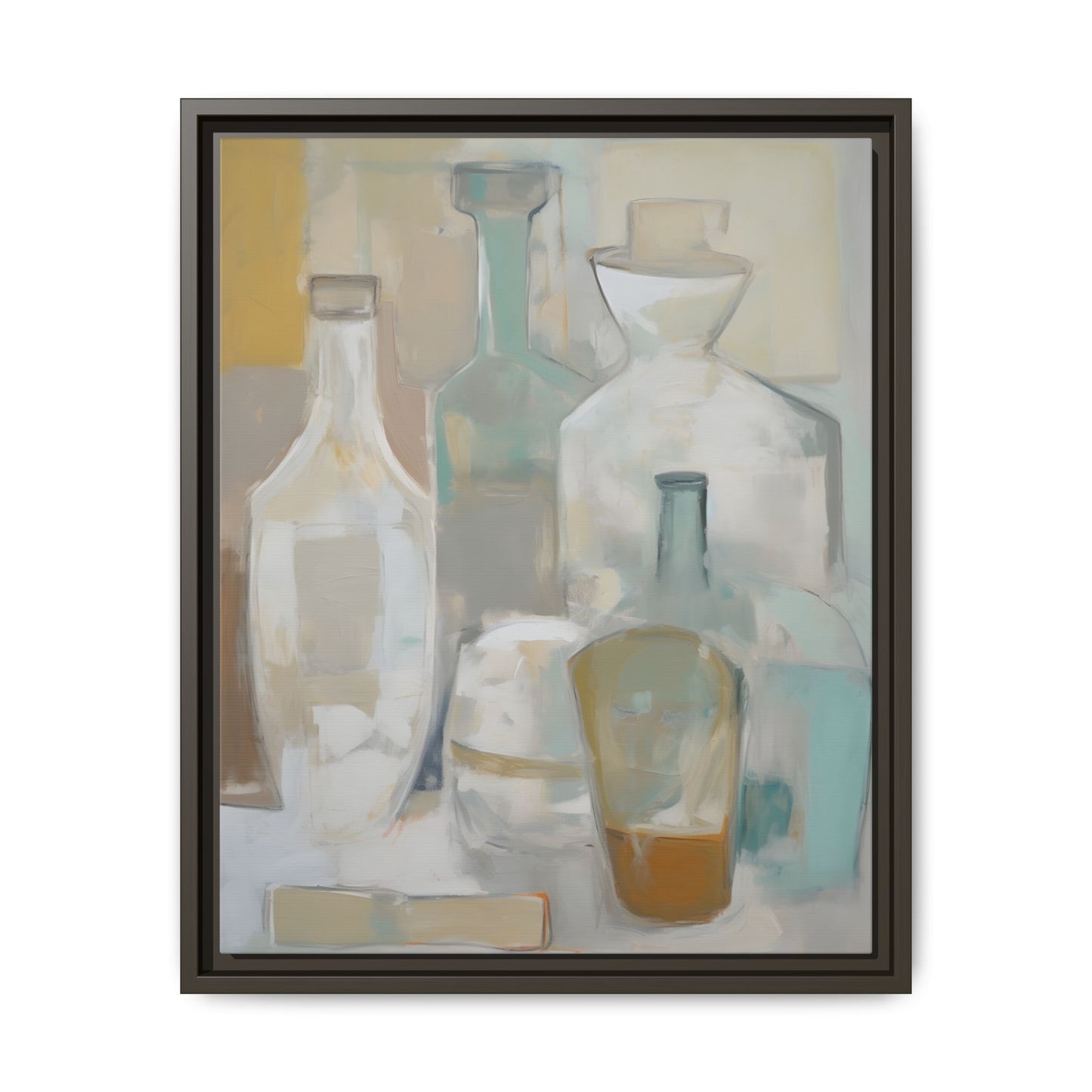 Modern Still Life Wall Art – Neutral Bottles Framed Canvas in Beige, Aqua & Amber featuring translucent bottles for home decor.