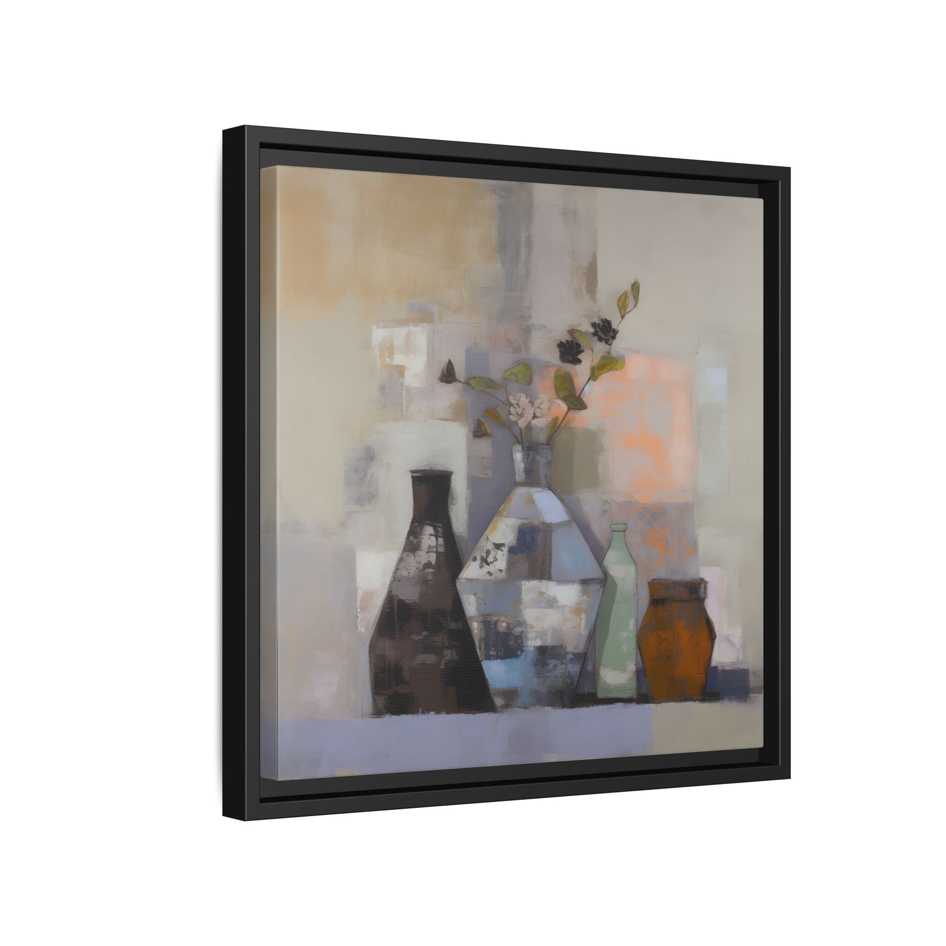 Earthy Bottle Still Life Wall Art – Framed Abstract Canvas with Geometric Vases in Neutral Tones, featuring patchwork brushstrokes and floral sprigs.