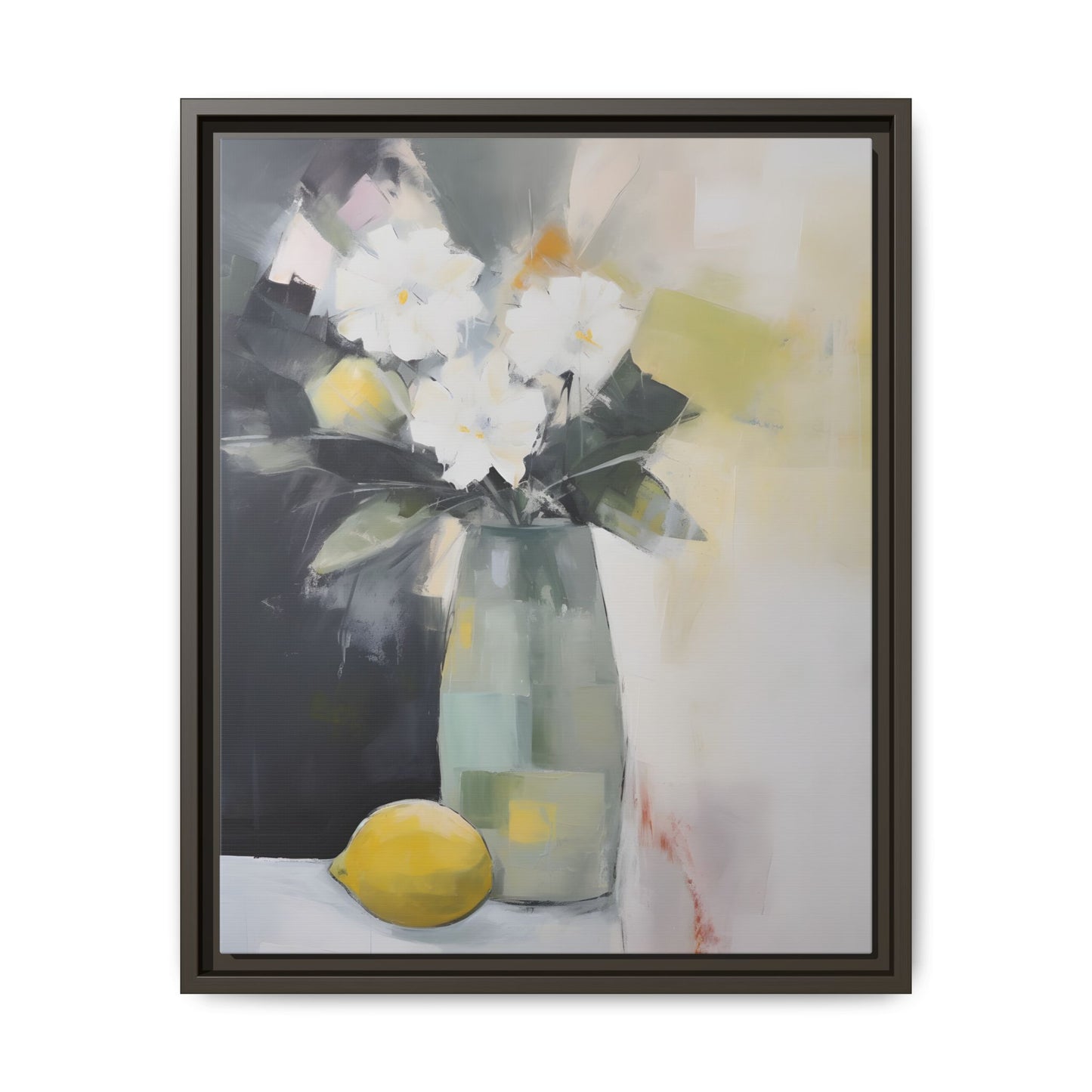 Modern Floral Still Life Wall Art – Framed Canvas with White Flowers and Lemon in Soft Green Vase, featuring calm muted tones.