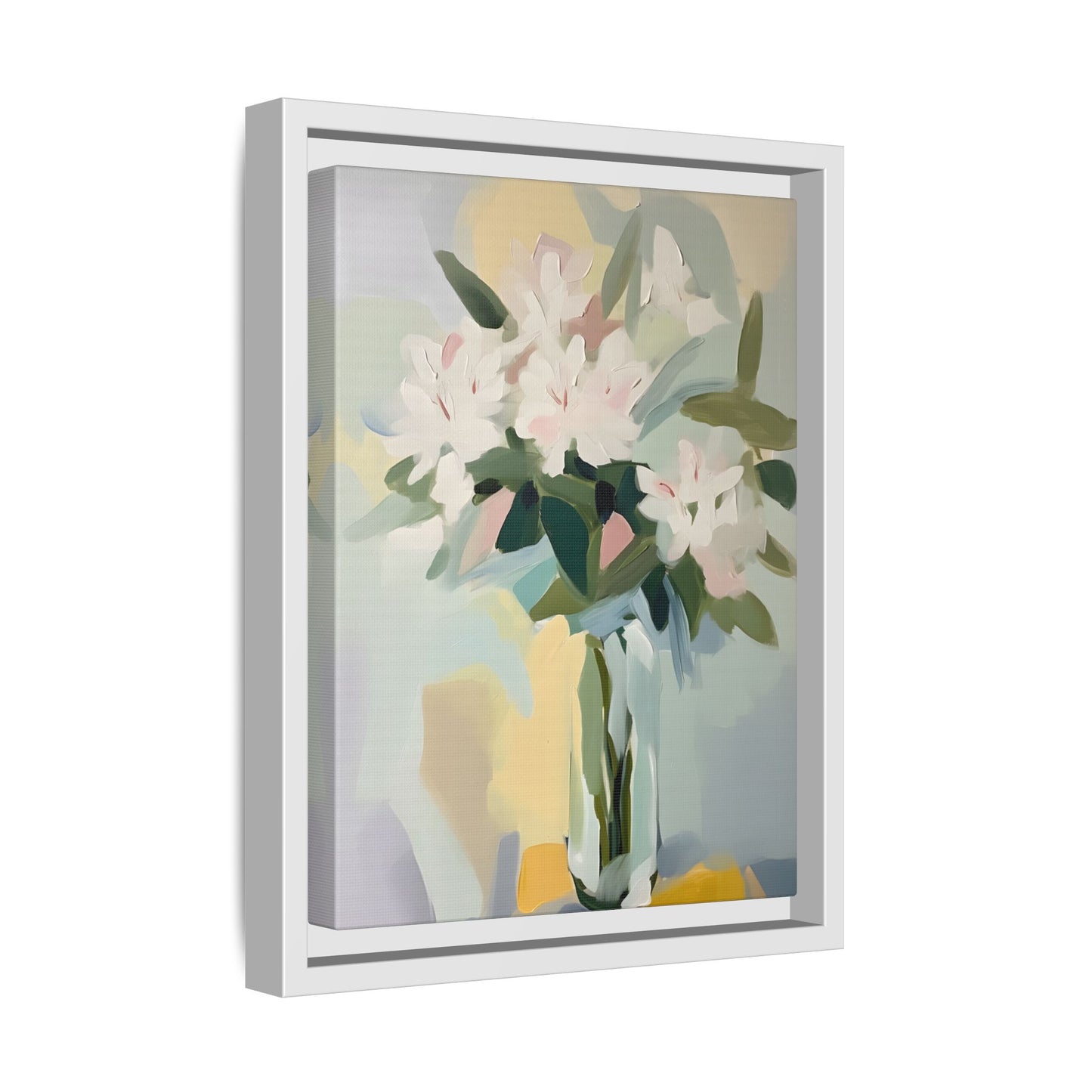 Soft Abstract Floral Wall Art – Framed Modern Canvas with White Flowers in Green Vase depicting a delicate still life painting.