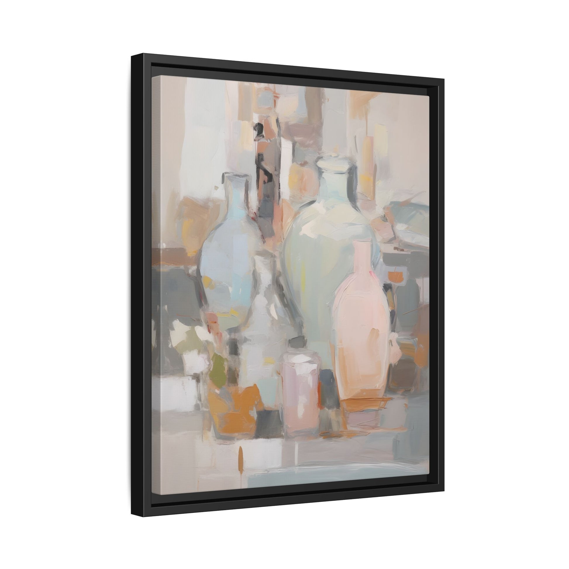 Modern Abstract Still Life Wall Art – Colorful Framed Canvas with Blue, Pink & Terracotta Bottles