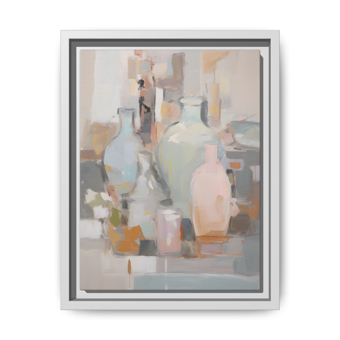 Modern Abstract Still Life Wall Art – Colorful Framed Canvas with Blue, Pink & Terracotta Bottles featuring a dynamic bottle arrangement.