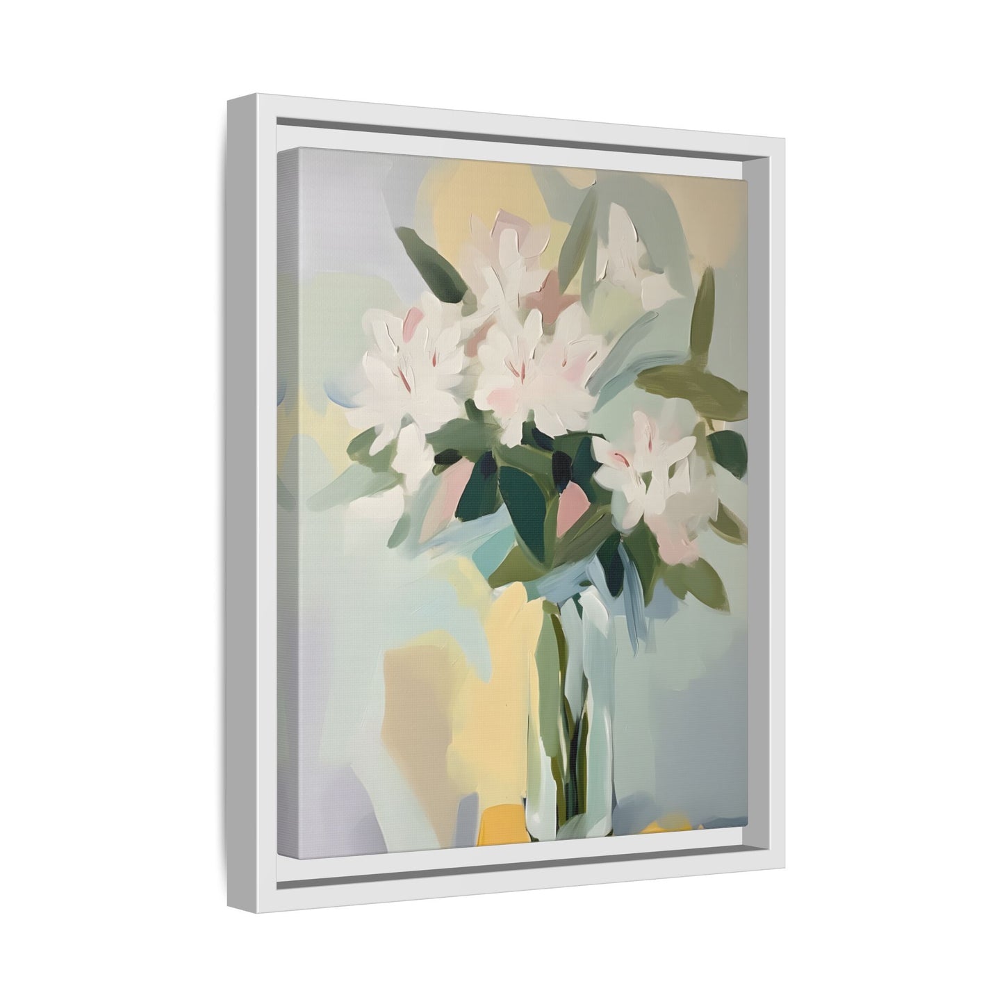 Soft Abstract Floral Wall Art – Framed Modern Canvas with White Flowers in Green Vase