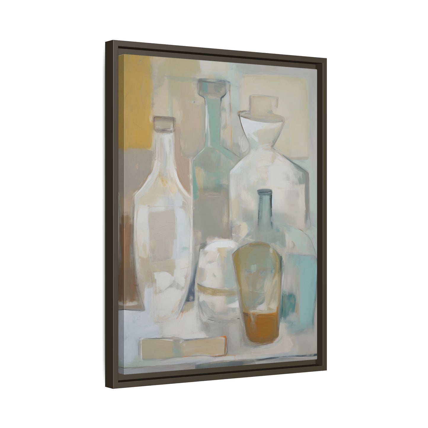 Modern Still Life Wall Art – Neutral Bottles Framed Canvas in Beige, Aqua & Amber with elegant design for home decor