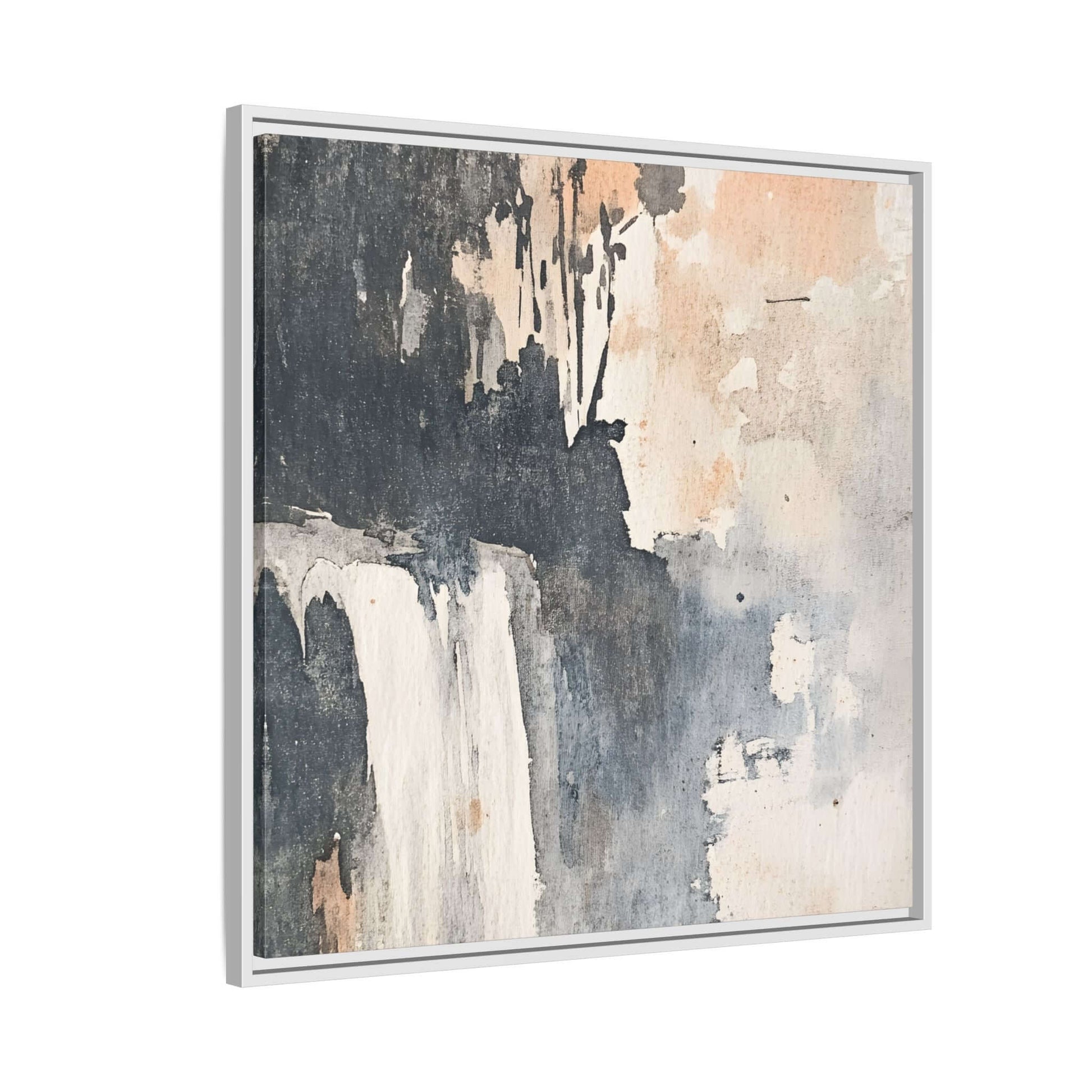 Framed waterfall art print on matte canvas, abstract home decor painting with vertical orientation in neutral tones.
