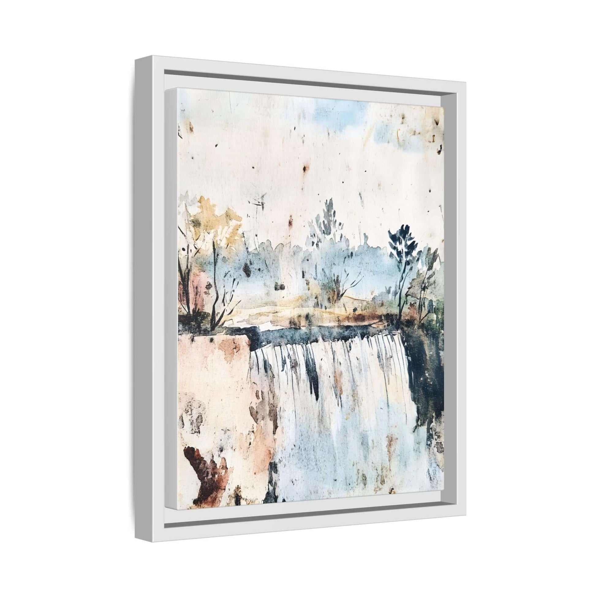 Framed watercolor wall art depicting a serene landscape with trees and waterfall, perfect for home decor.