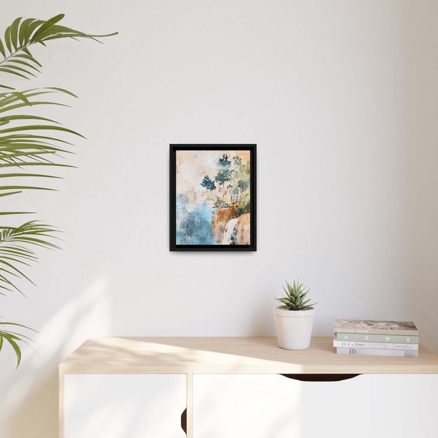 Framed watercolor canvas print of misty forest landscape on wall, enhancing a serene room atmosphere.