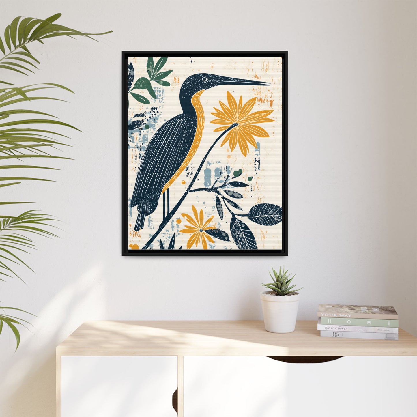 Colorful Bird and Flower Framed Matte Canvas Art