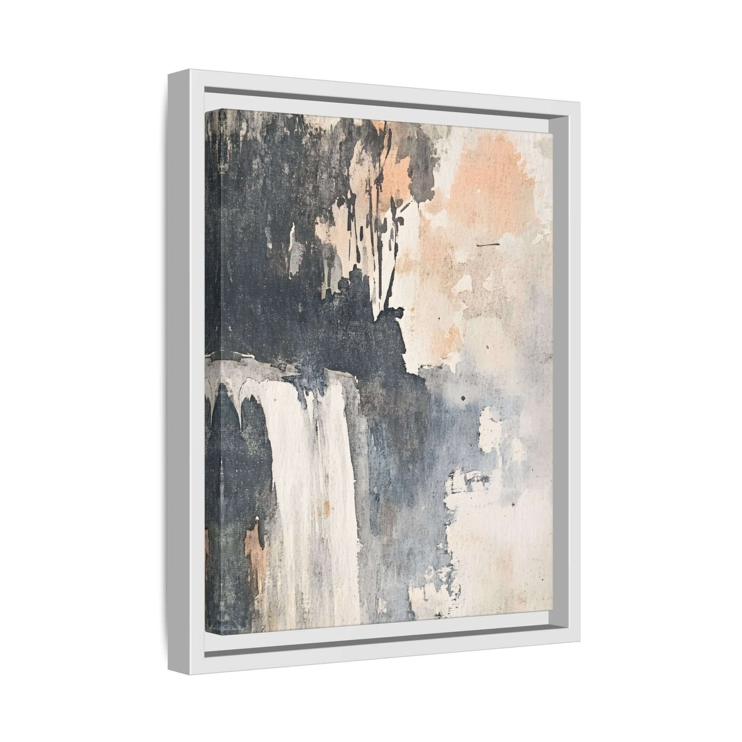 Framed waterfall art print on matte canvas, ideal for vertical home decor in sizes 9x12 to 36x36 inches. Elegant and soothing.