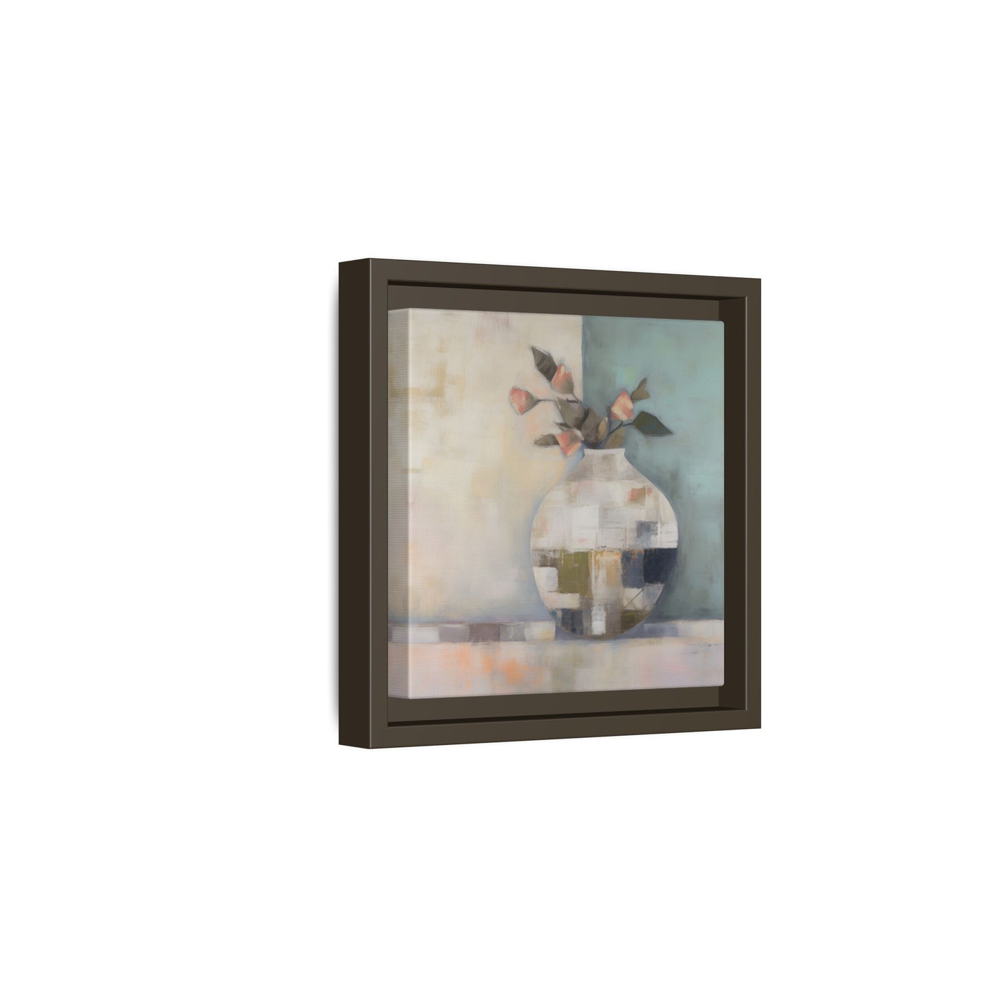 Geometric Floral Still Life Wall Art – Framed Abstract Canvas with Vase and Blush Pink Buds, featuring a minimalist floral design.