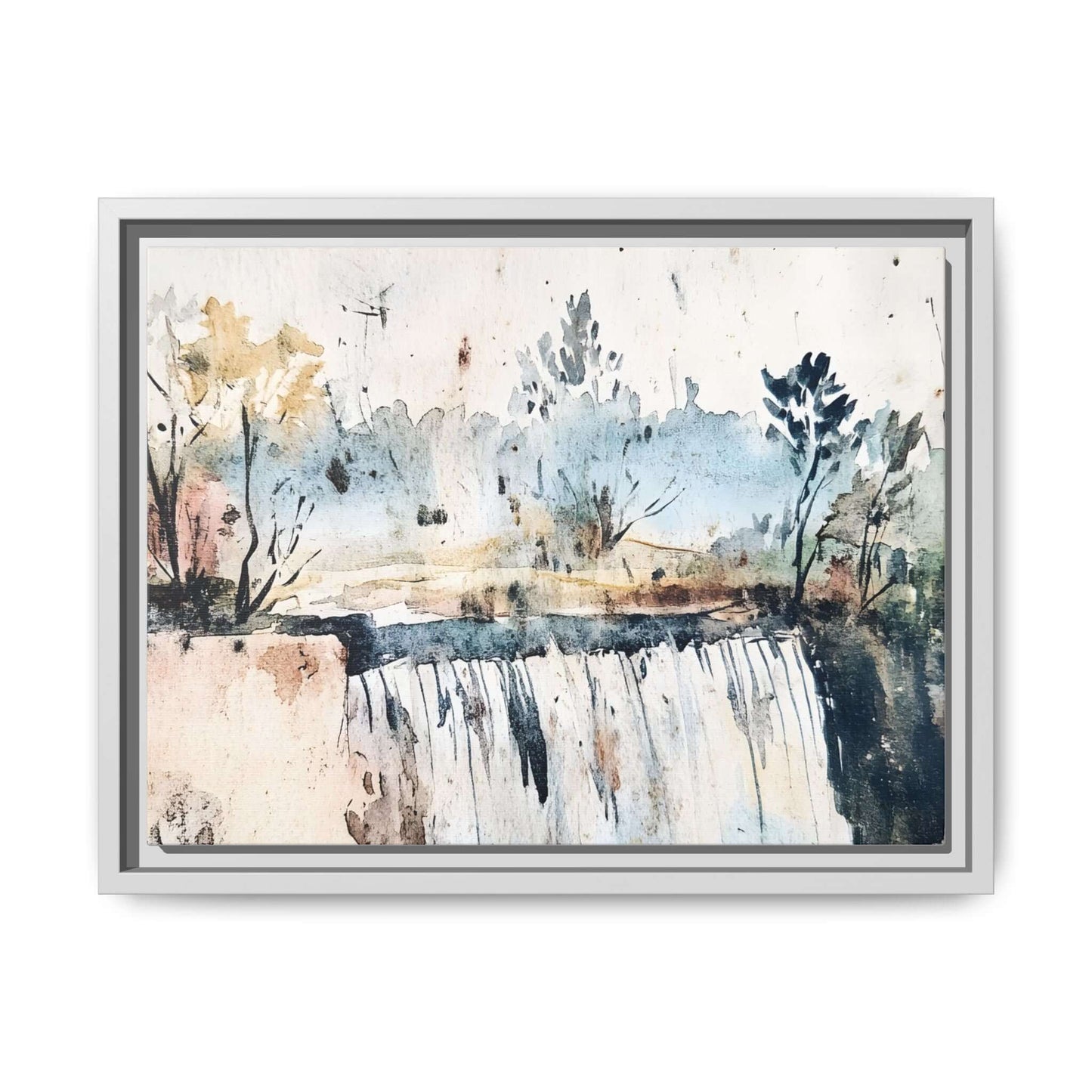 Framed watercolor wall art depicting a serene landscape with trees and a waterfall, perfect for home decor.