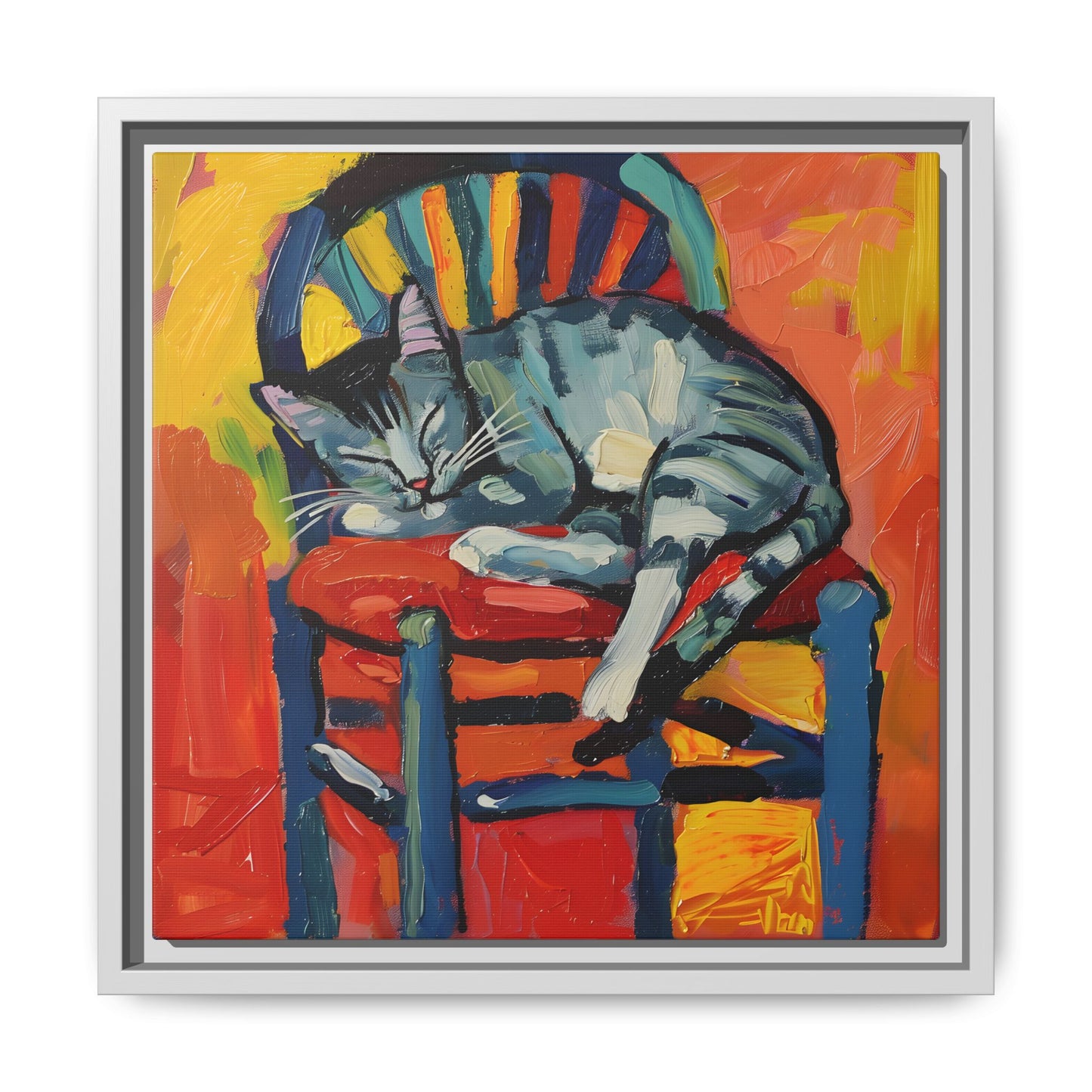 Colorful Cat Art Print - Framed Matte Canvas