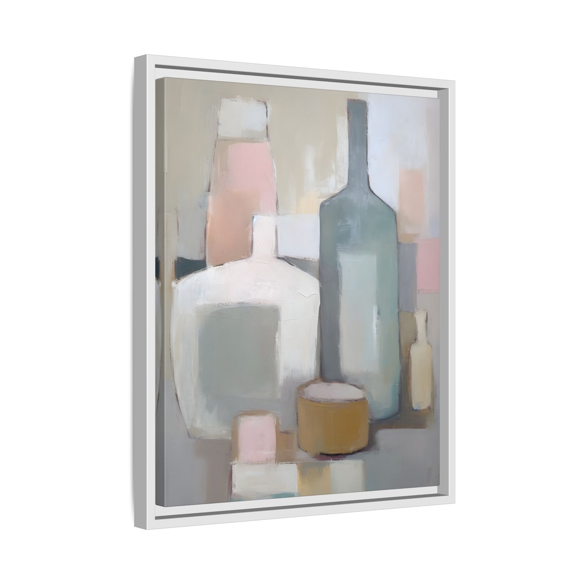 Modern Abstract Bottle Still Life Wall Art – Framed Canvas in Soft Pink, Blue, and Beige for elegant home decor