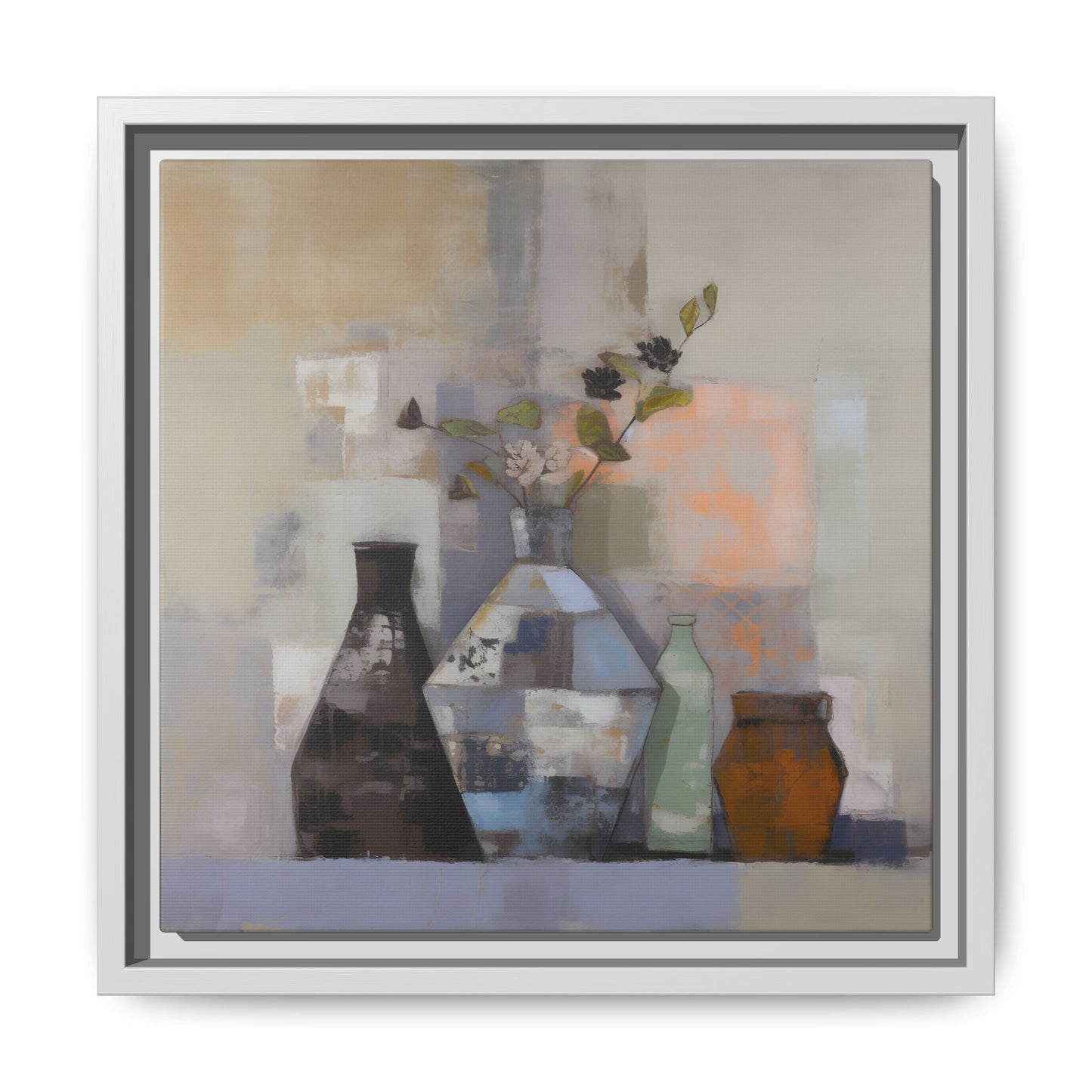 Earthy Bottle Still Life Wall Art – Framed Abstract Canvas with Geometric Vases in Neutral Tones featuring modern vase artwork.
