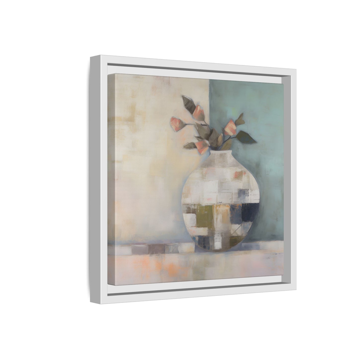 Geometric Floral Still Life Wall Art – Framed Abstract Canvas with Vase and Blush Pink Buds in minimalist style