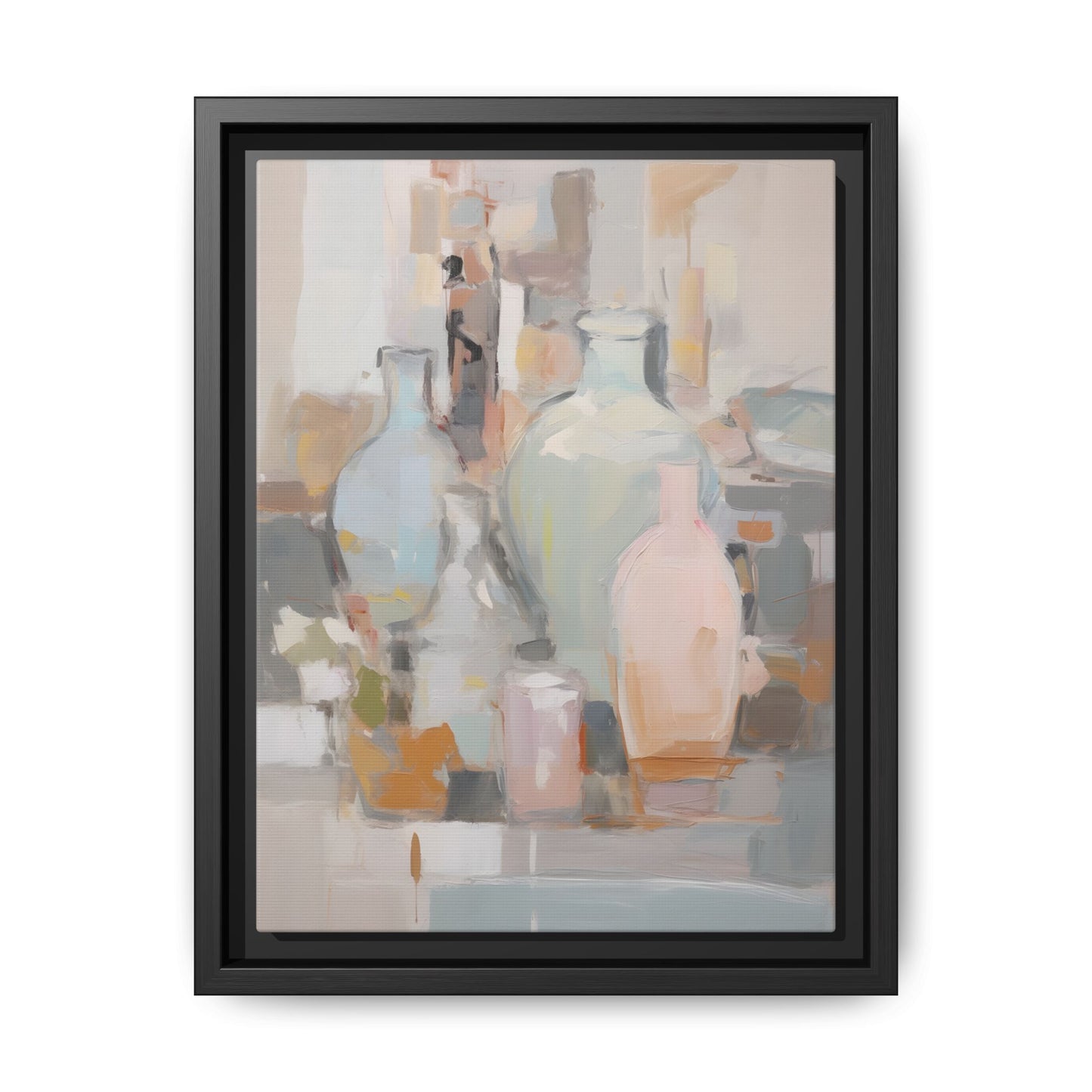 Modern Abstract Still Life Wall Art – Colorful Framed Canvas with Blue, Pink & Terracotta Bottles, featuring expressive composition