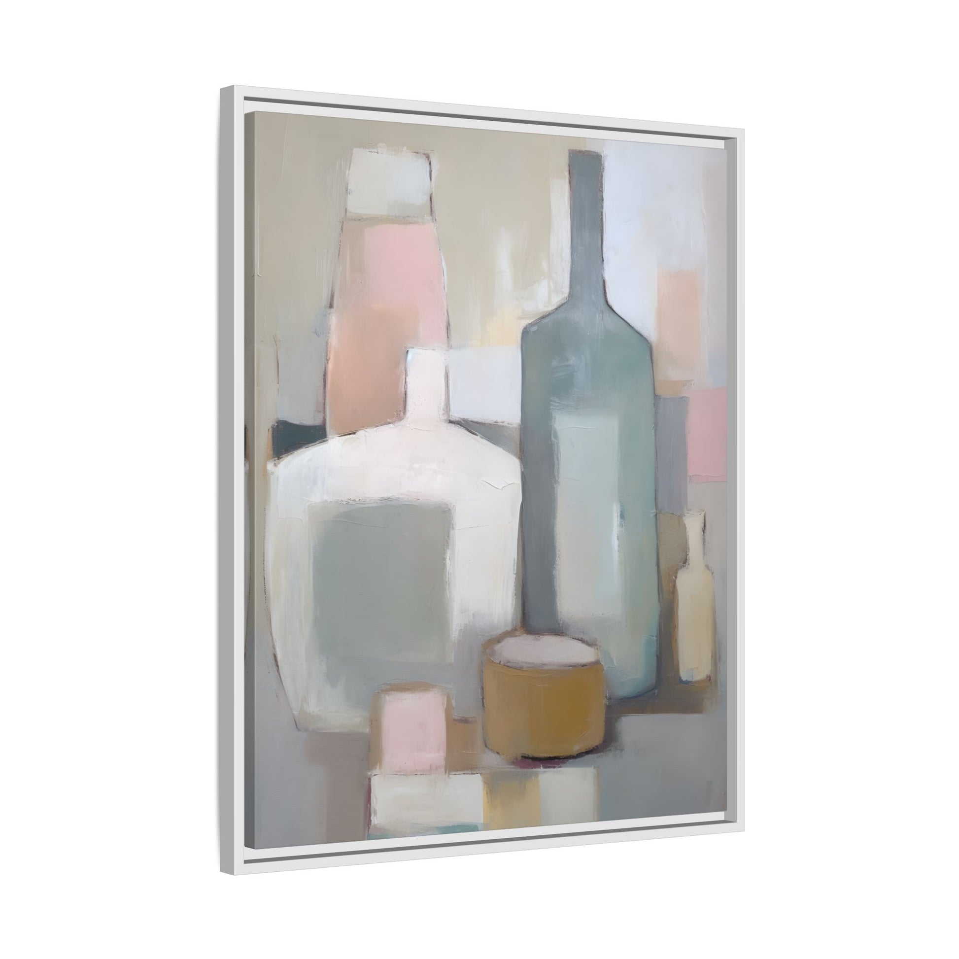 Modern Abstract Bottle Still Life Wall Art – Framed Canvas in Soft Pink, Blue, and Beige featuring serene still life of bottles.