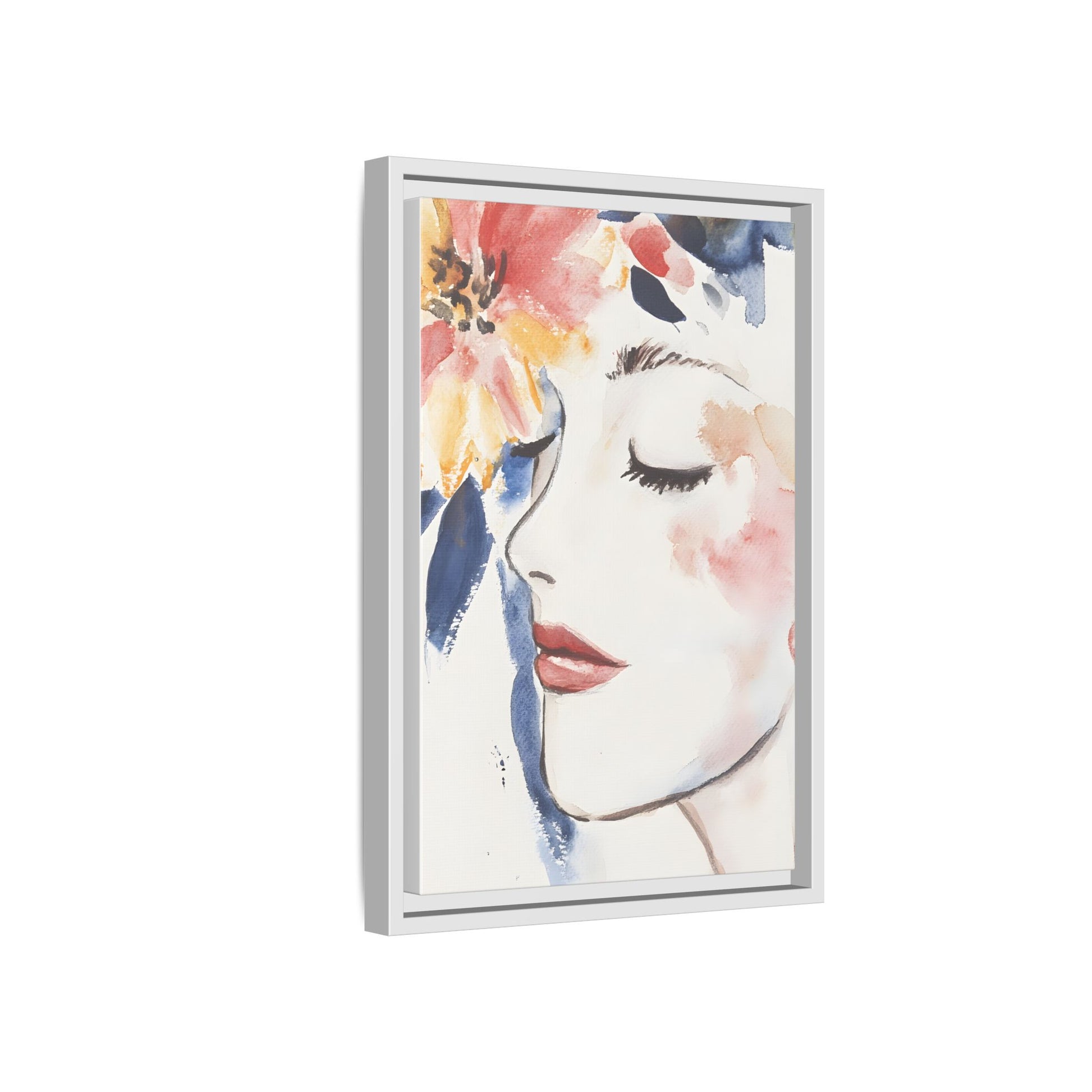 Multi-Color Framed Matte Canvas Art - Floral Face Portrait in white frame, side angle view