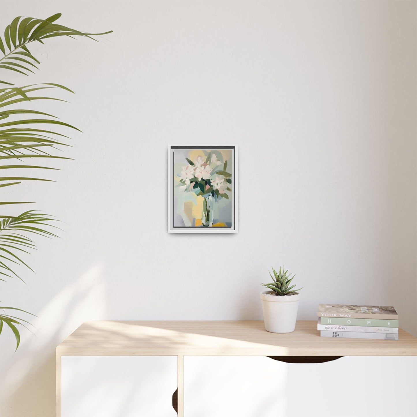 Soft Abstract Floral Wall Art – Framed Modern Canvas with White Flowers in Green Vase, perfect for contemporary home decor.