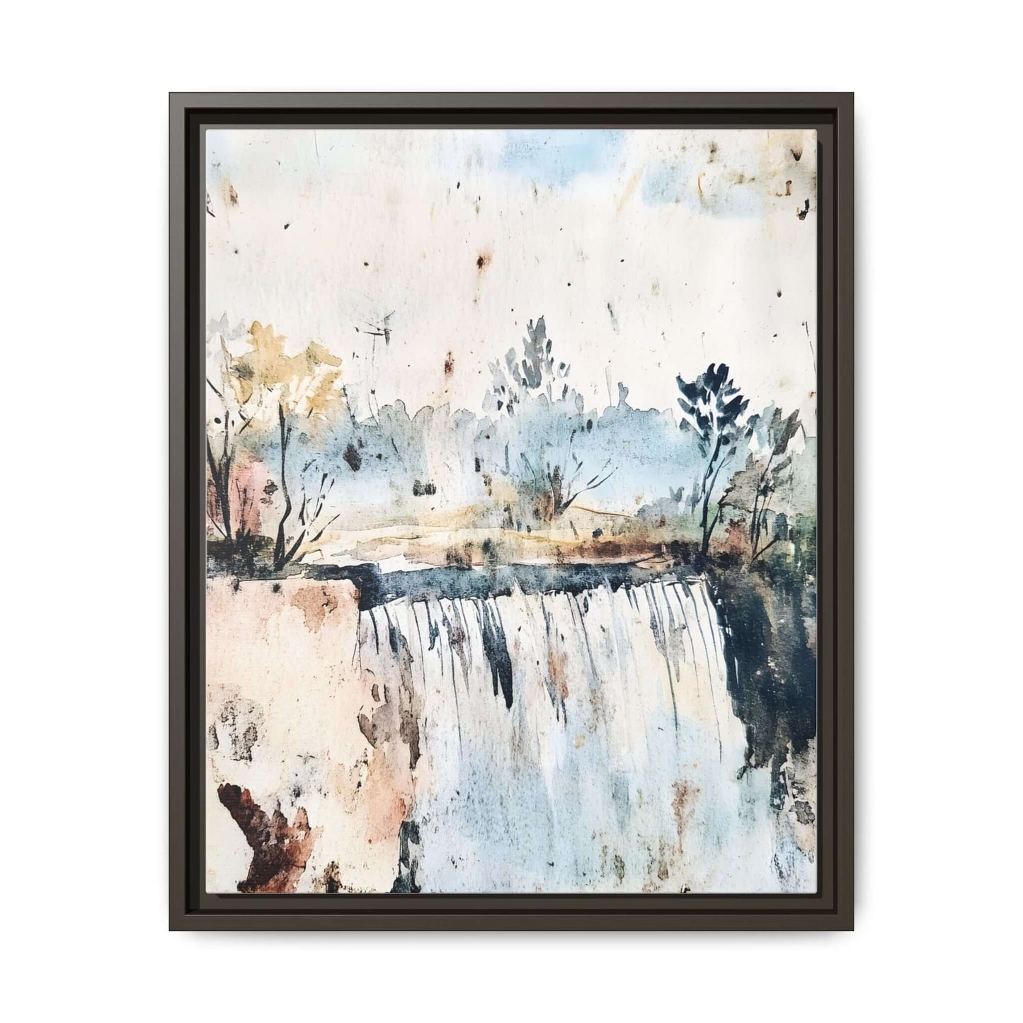 Framed watercolor wall art featuring a serene landscape with a waterfall and trees, perfect decor for home or office spaces.