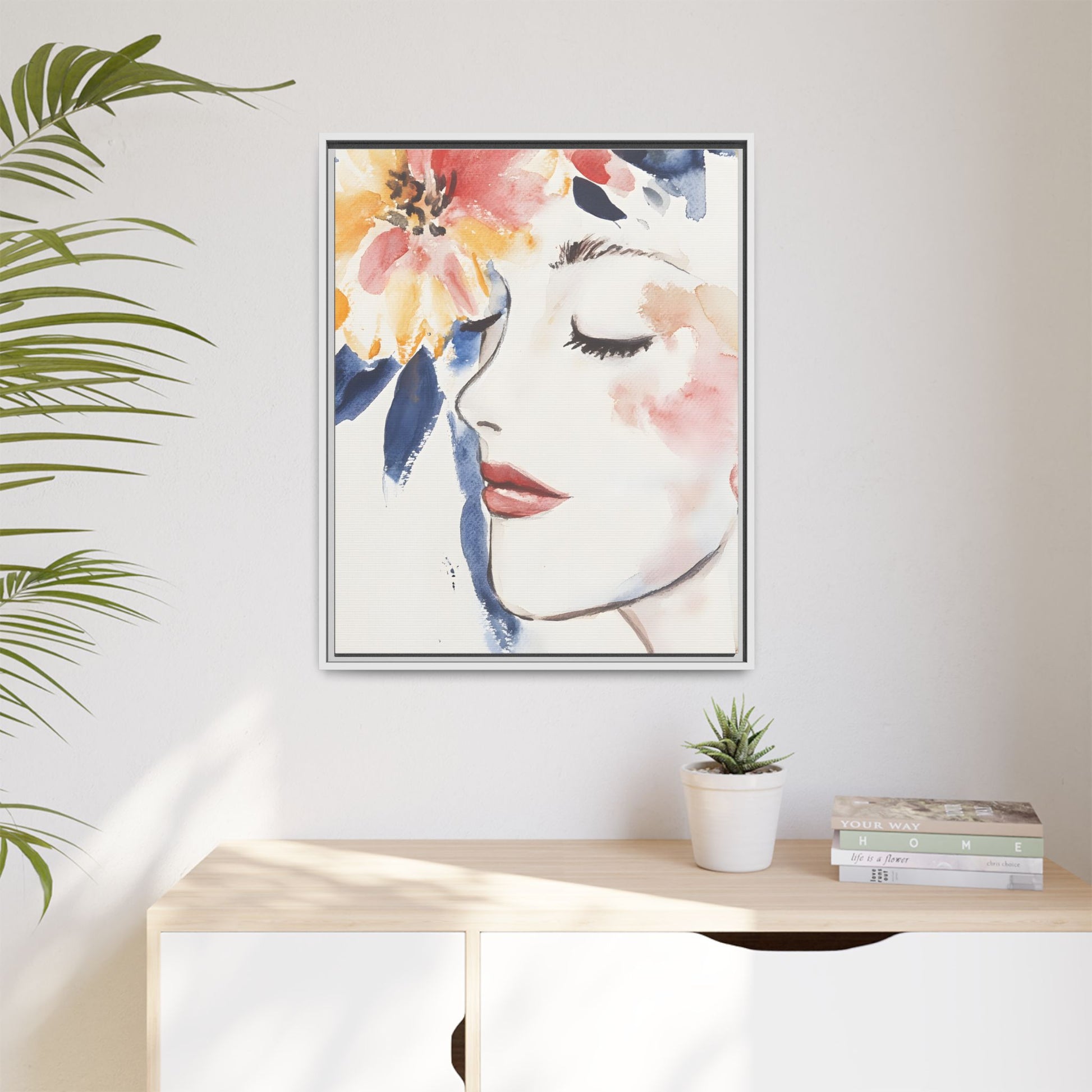 Multi-Color Framed Matte Canvas Art - Floral Face Portrait hanging in modern living room setting.