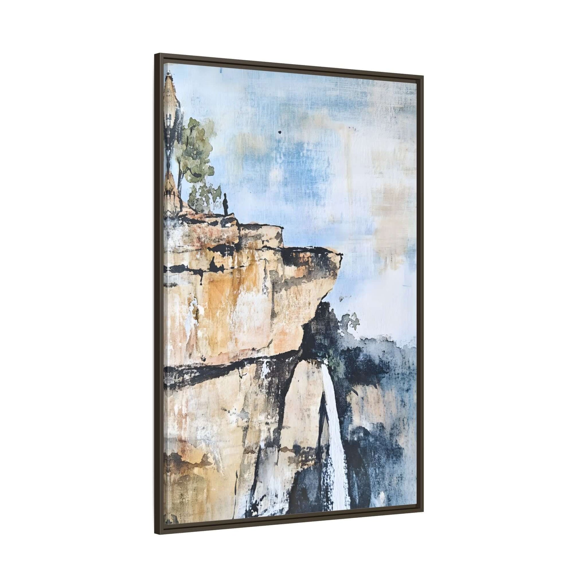 Impressionistic scenic landscape with waterfall, framed canvas wall art for serene home decor.