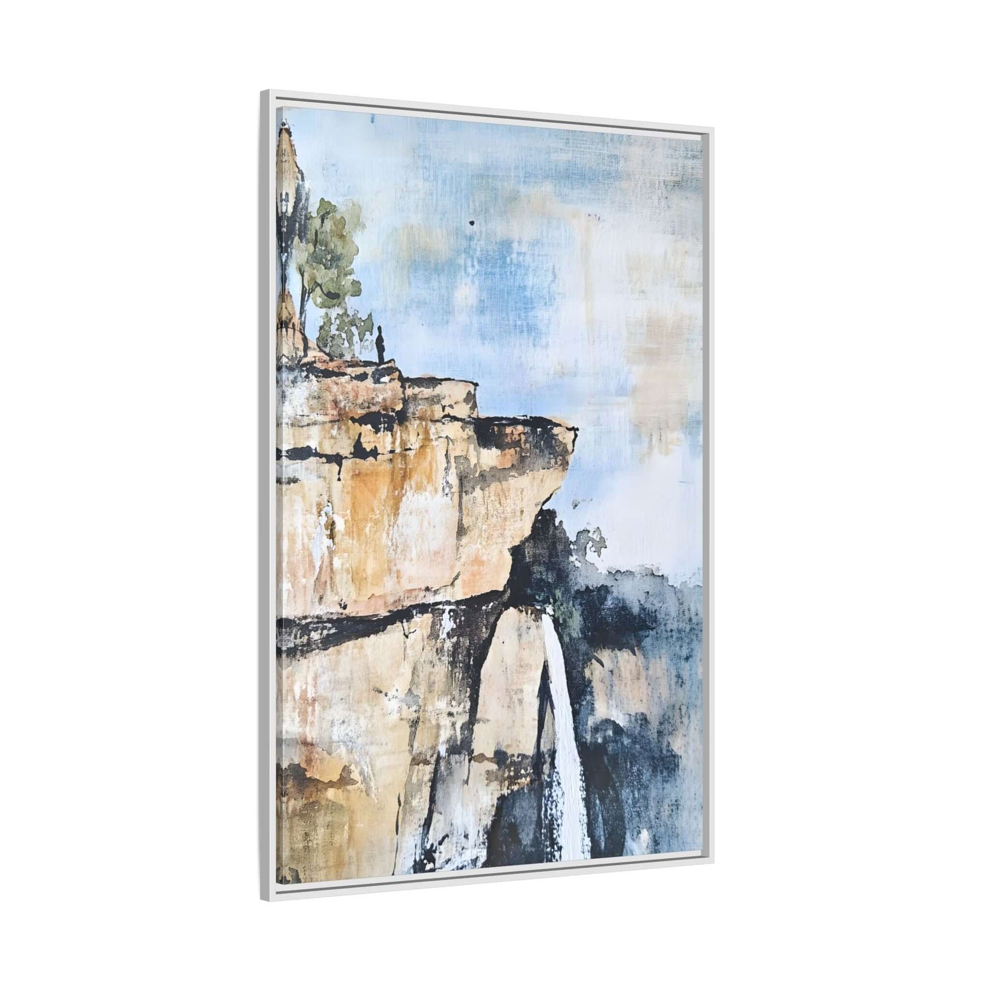 Impressionistic scenic landscape waterfall canvas art; framed wall decor for living room or bedroom,  elegant and calming design.