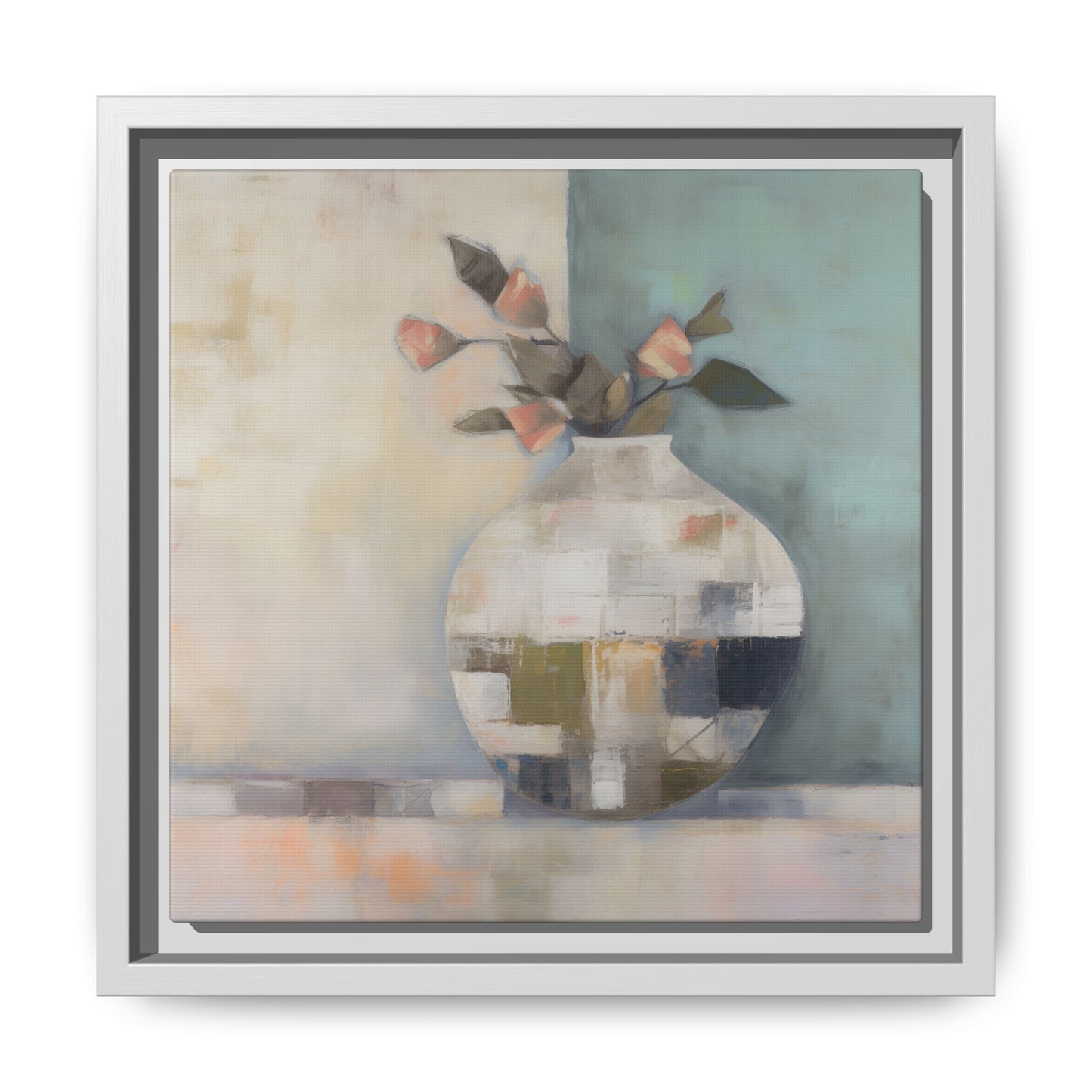 Geometric Floral Still Life Wall Art – Framed Abstract Canvas with Vase and Blush Pink Buds in calming aqua and coral tones.