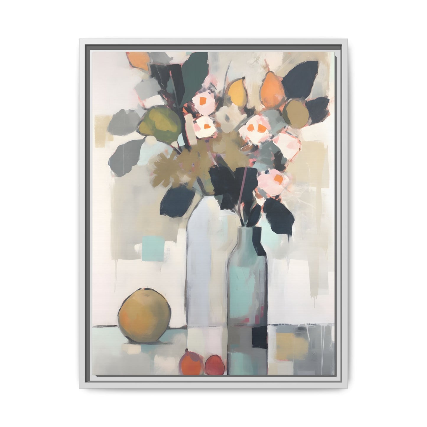 Modern Floral Still Life Wall Art – Framed Canvas with Bold Leaves and Citrus in Vase, abstract painting with vibrant colors in a sleek frame.