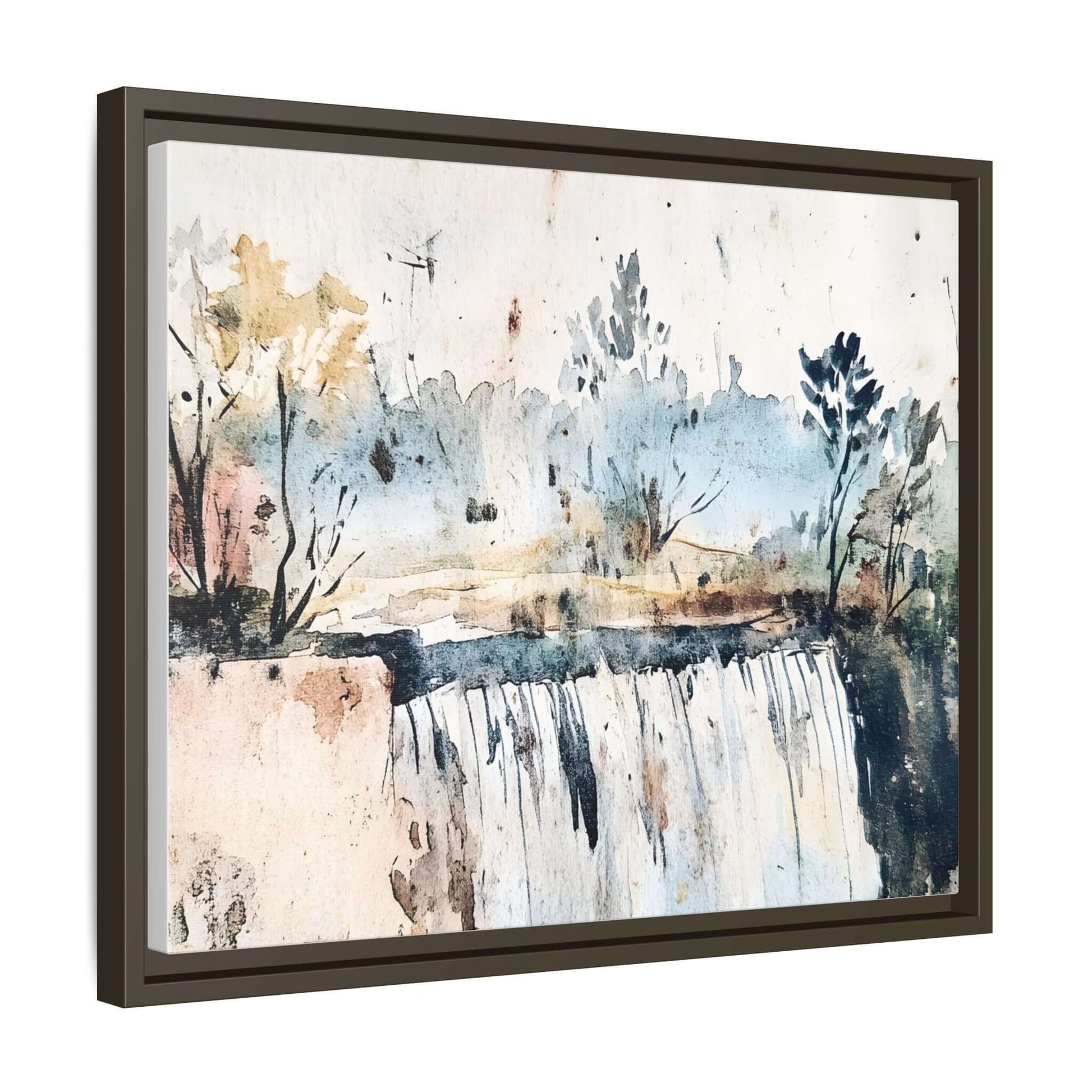 Framed watercolor wall art featuring a serene landscape with trees and a waterfall, ideal for home decor.