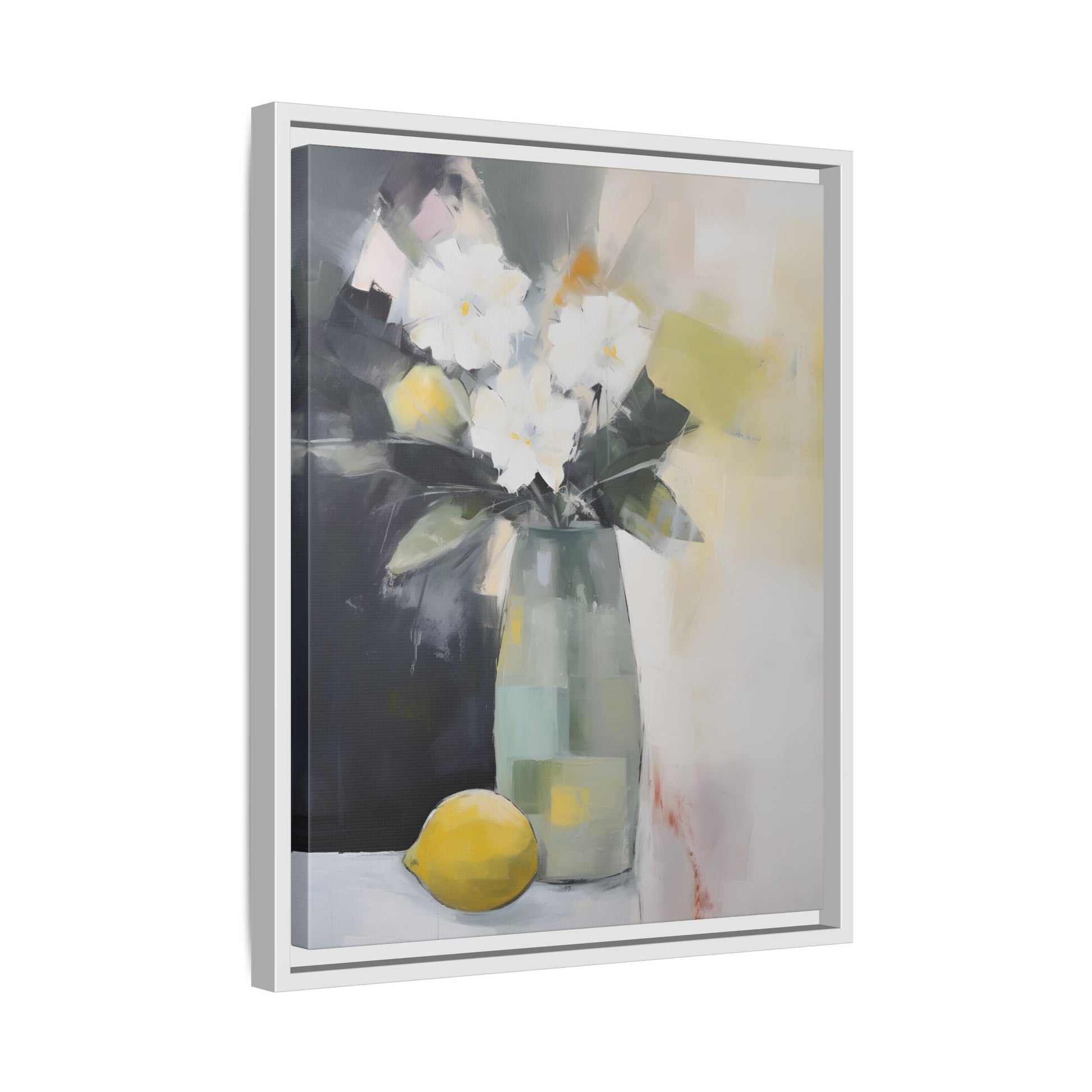 Modern Floral Still Life Wall Art – Framed Canvas with White Flowers and Lemon in Soft Green Vase