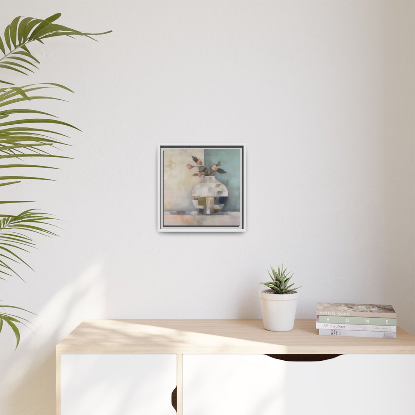 Geometric Floral Still Life Wall Art – Framed Abstract Canvas with Vase and Blush Pink Buds in modern minimalist setting