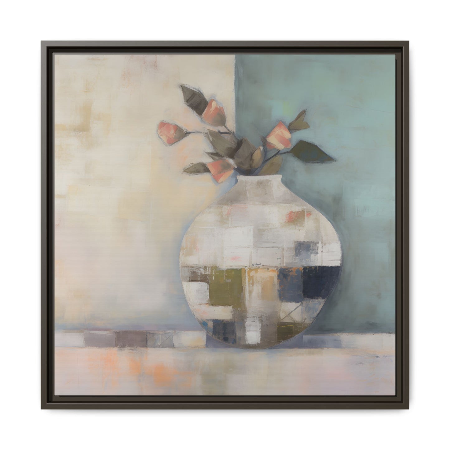 Geometric Floral Still Life Wall Art – Framed Abstract Canvas with Vase and Blush Pink Buds featuring rounded geometric vase