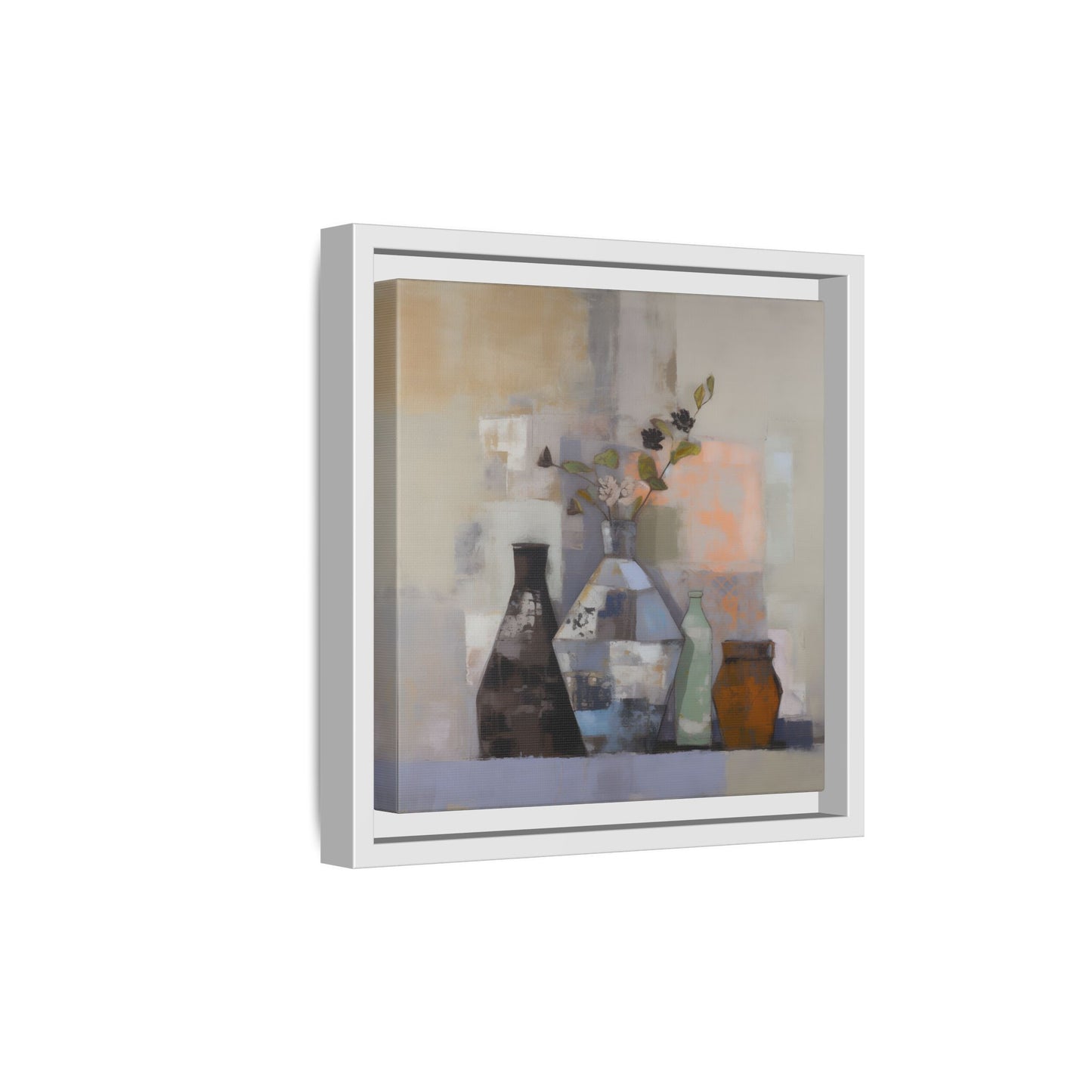 Earthy Bottle Still Life Wall Art – Framed Abstract Canvas with Geometric Vases in Neutral Tones, featuring a modern and rustic design.