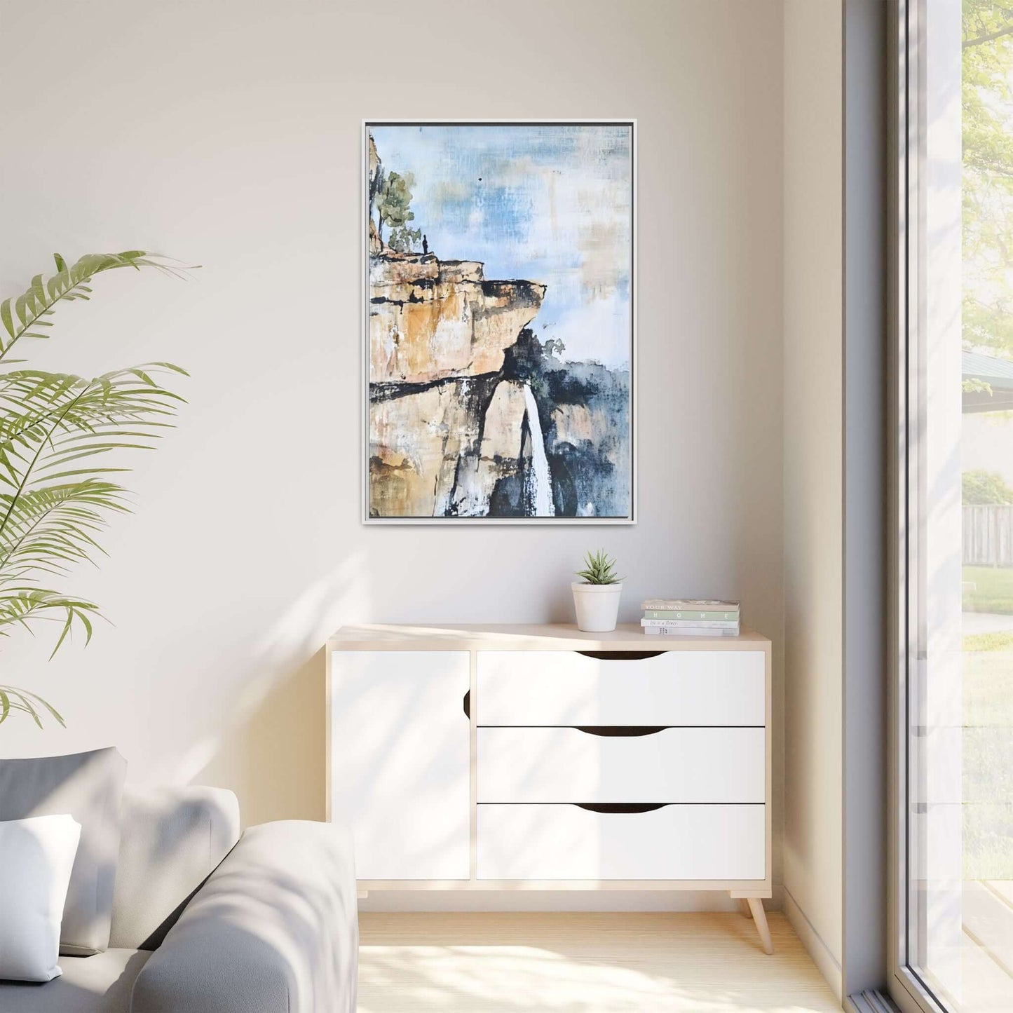 Impressionistic scenic landscape waterfall canvas wall art hanging in a modern living room, adding a calming and harmonious touch.