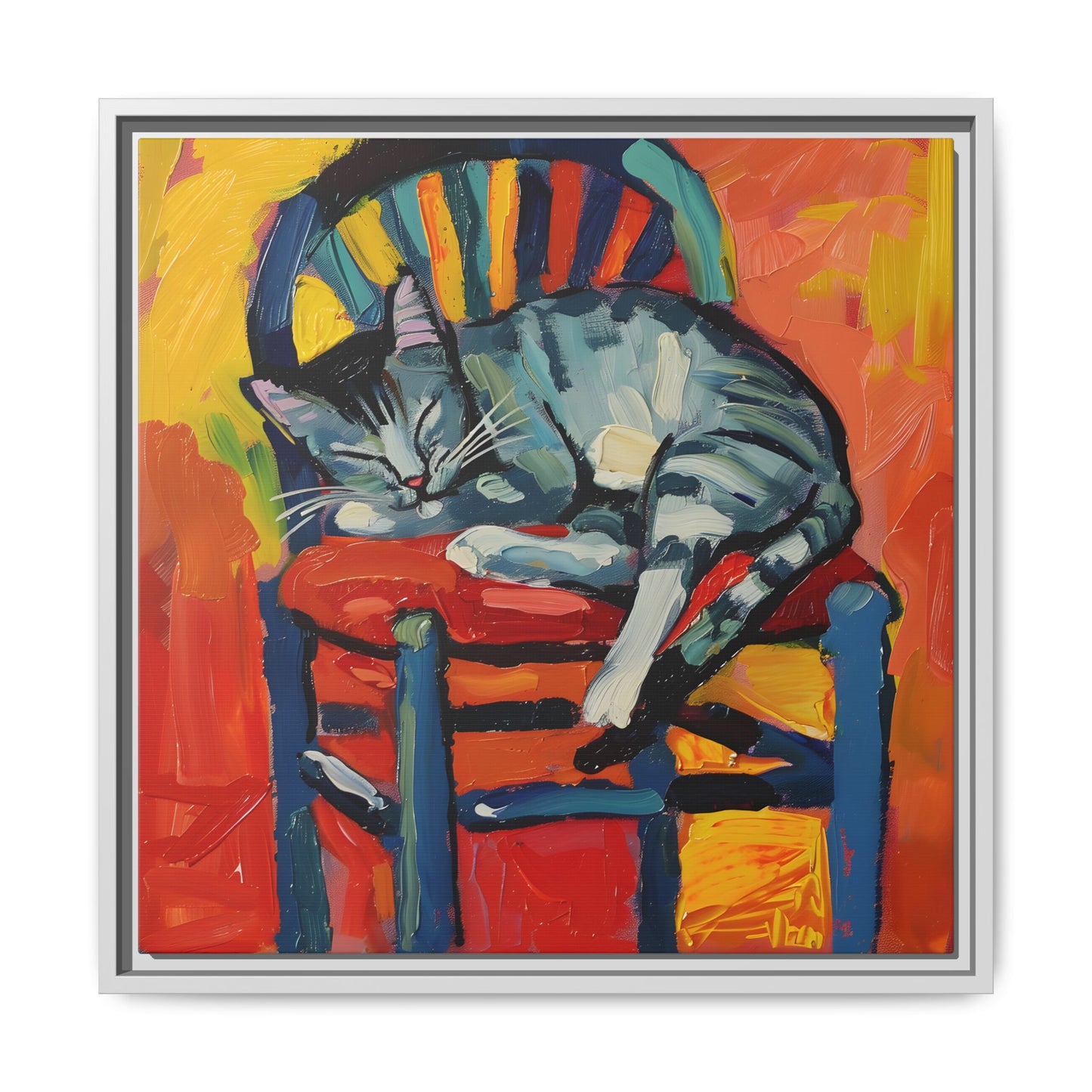 Colorful Cat Art Print - Framed Matte Canvas