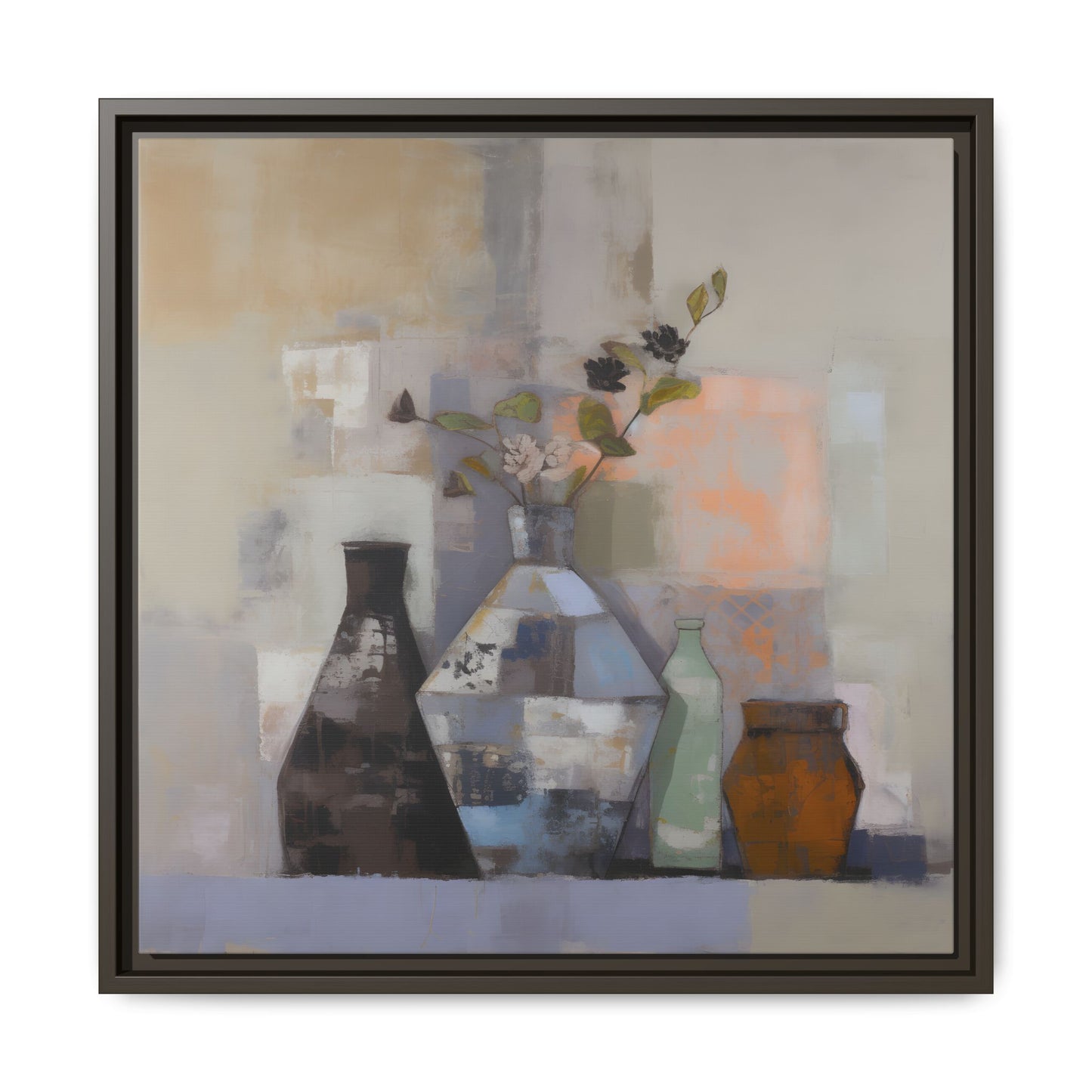 Earthy Bottle Still Life Wall Art – Framed Abstract Canvas with Geometric Vases in Neutral Tones depicting modern geometric vases.