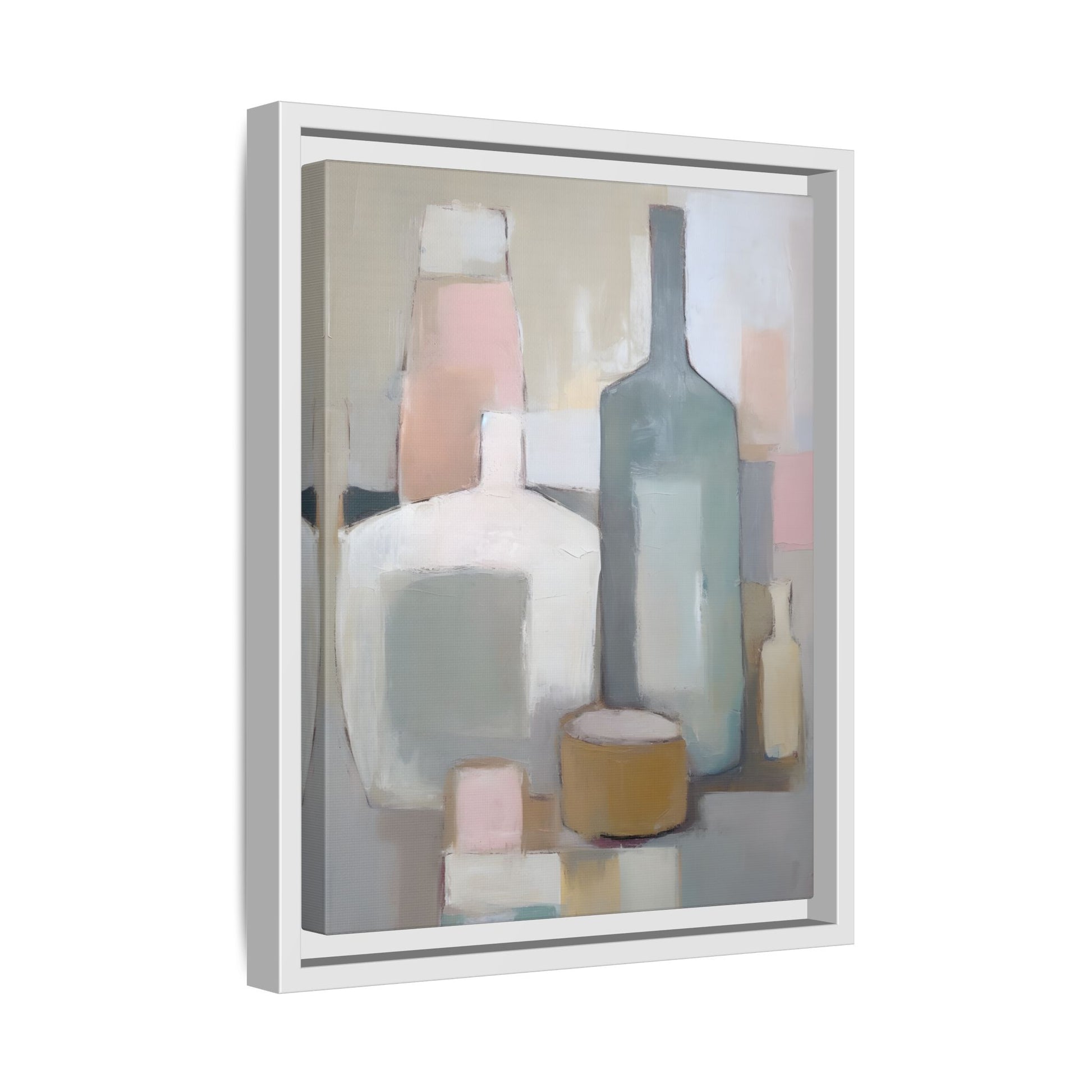 Modern Abstract Bottle Still Life Wall Art – Framed Canvas in Soft Pink, Blue, and Beige with muted bottle design.